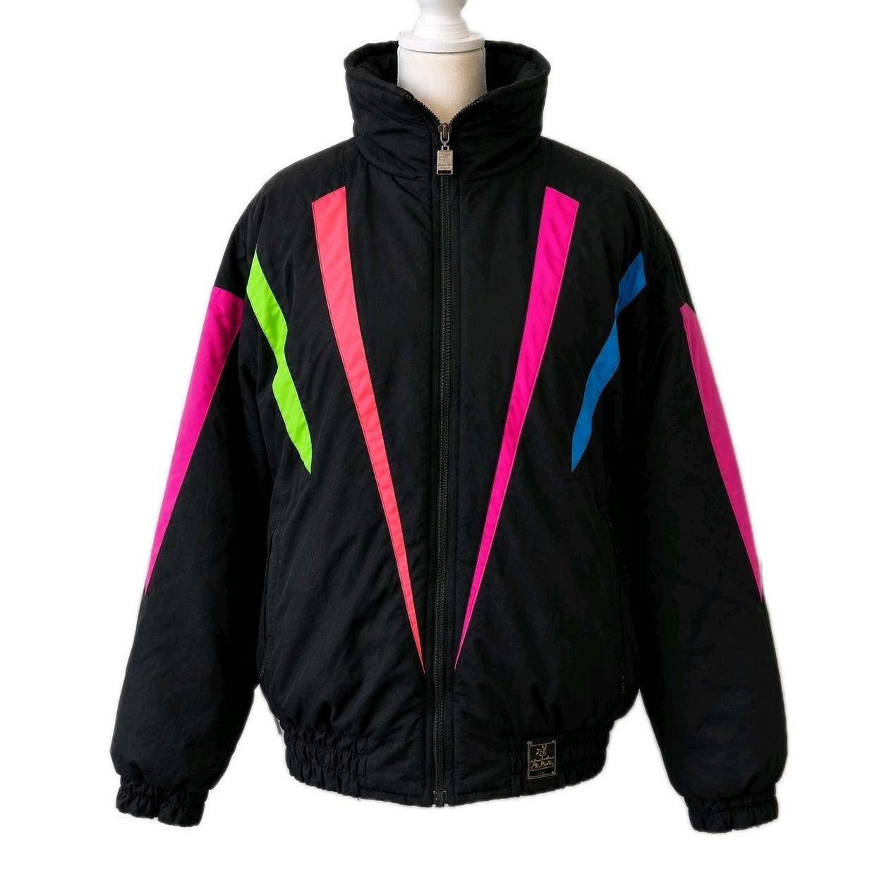 VTG 80s Neon Ski Puffer Jacket Womens M Black Colorblock Retro Snow Bomber Coat