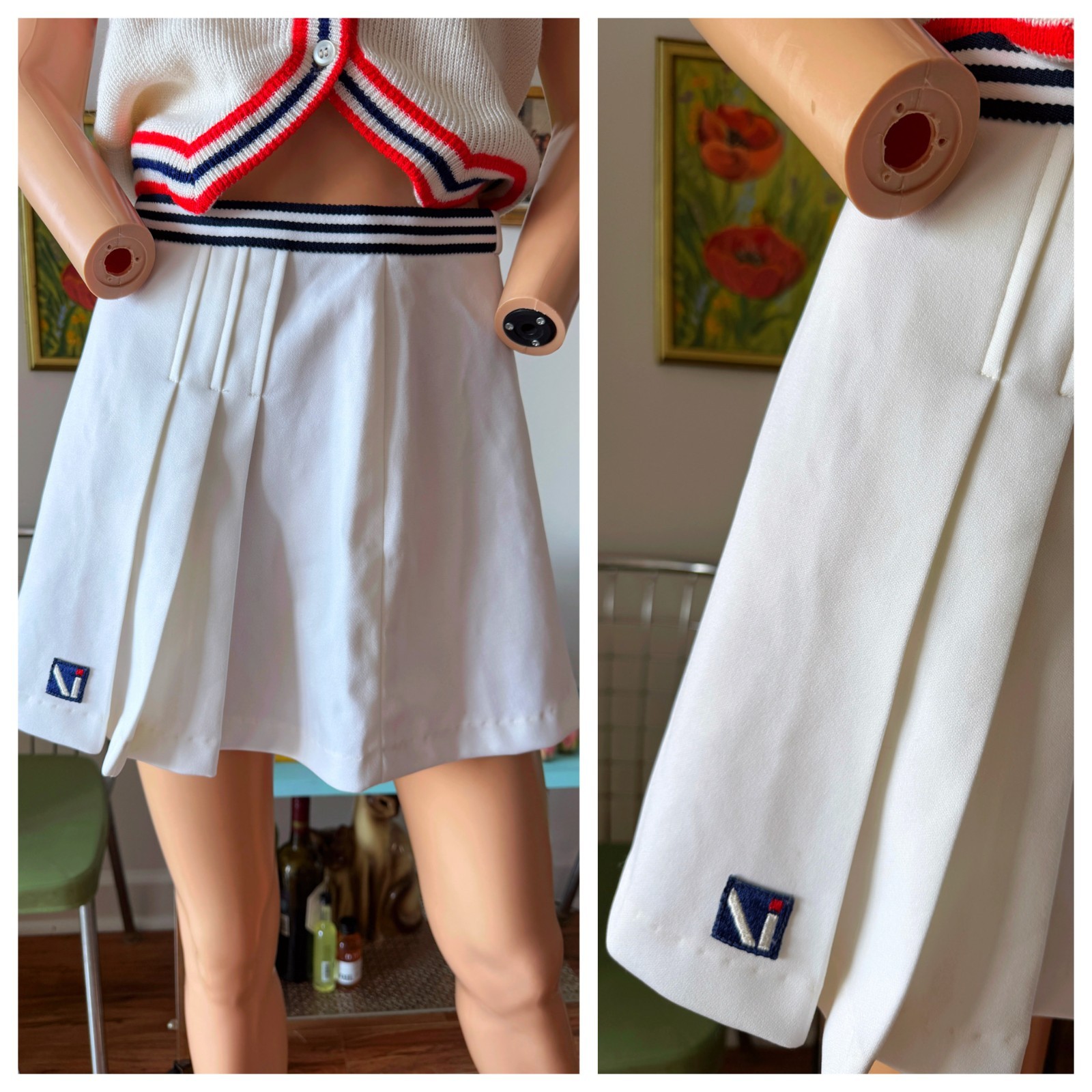 🎾 Vtg USA Tennis Skirt White Pleated Sporty Stripe Waist Preppy Chic Mini M