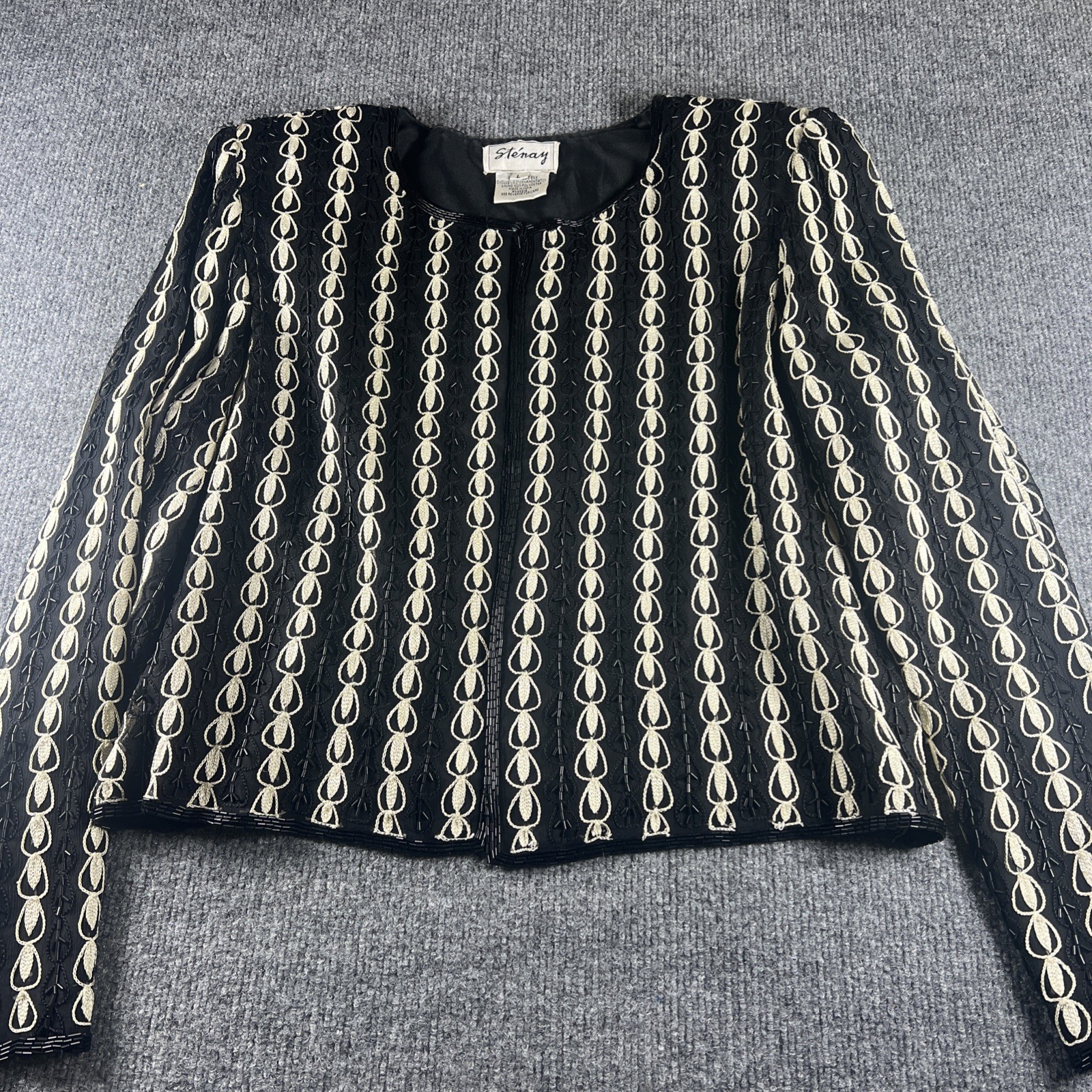 VINTAGE STENAY SILK Collarless Black Dress Jacket Glass Seed Bead Silk Size L