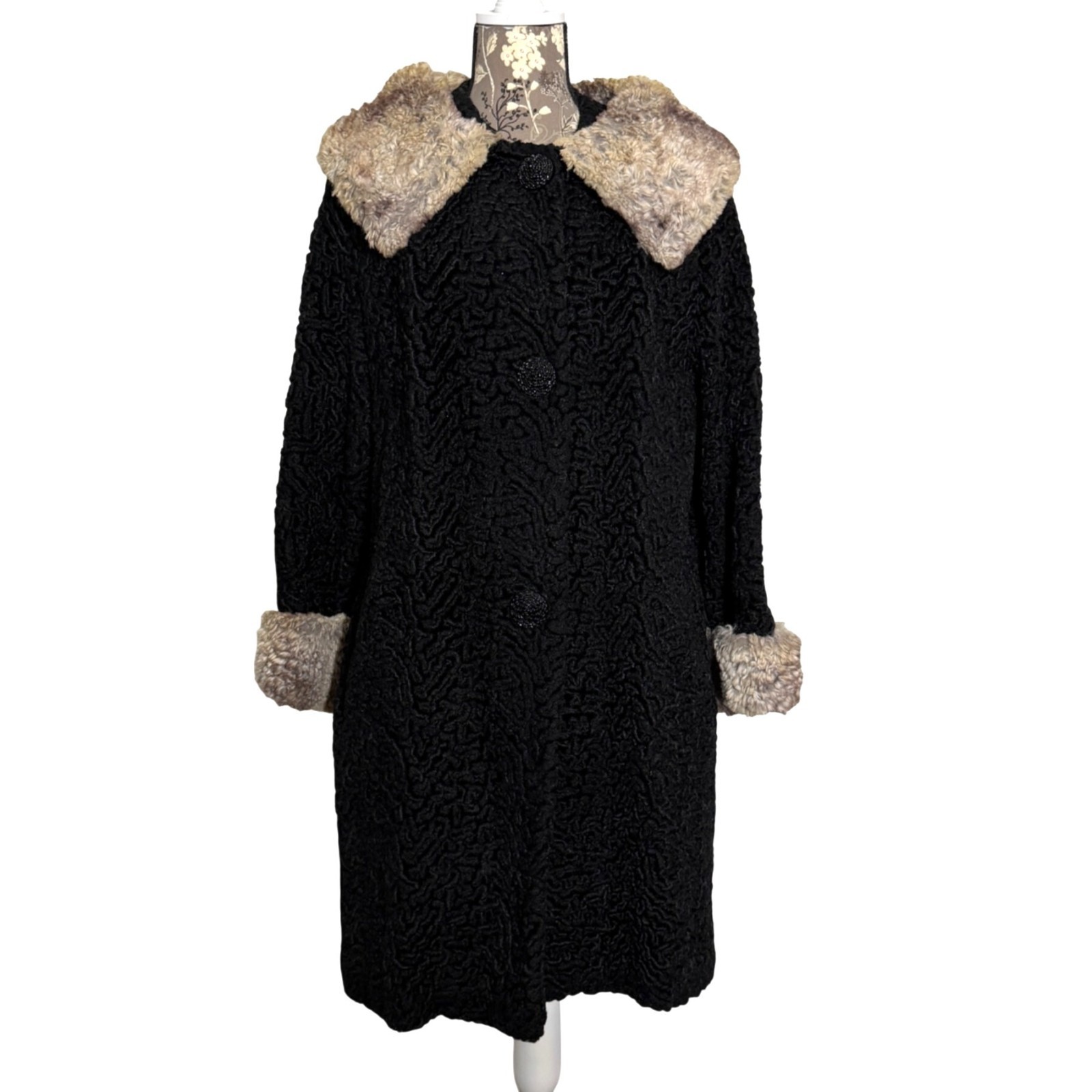VTG Black Persian Curly Lamb Coat, Curly Fur Collar + Cuffs Mid-Length Size M?