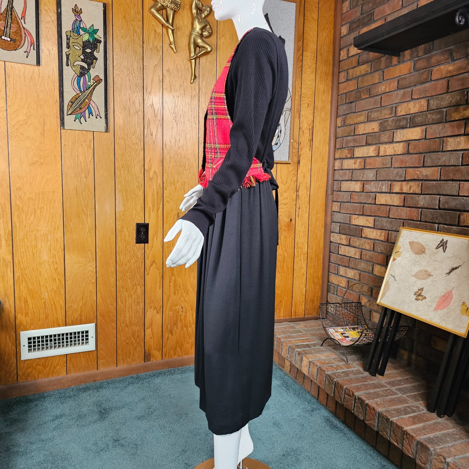 Vtg 90s Dark Academia British Preppy Plaid Riding Waistcoat Holiday Midi Dress L