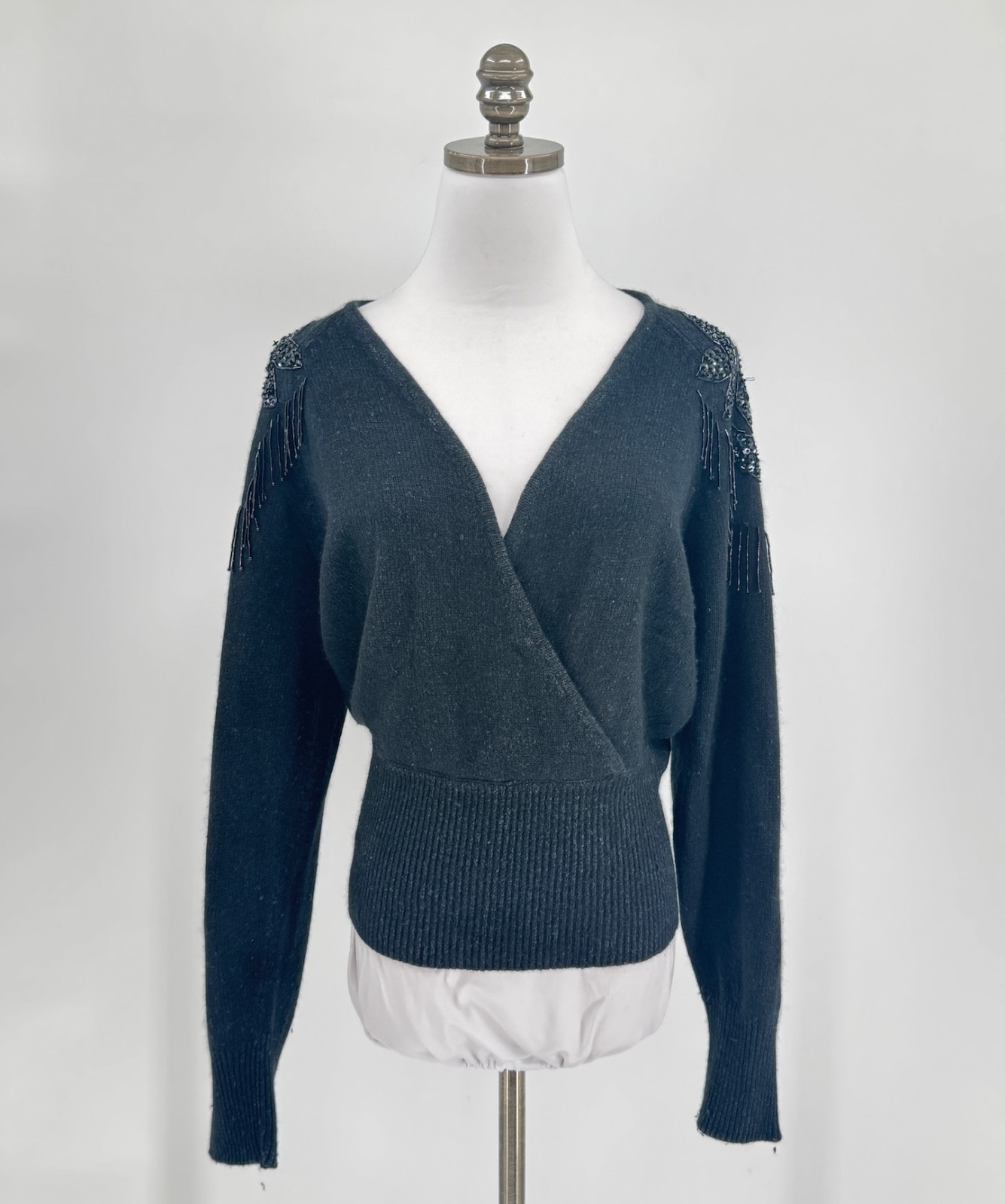 Counterparts Vintage Black Silk Angora Beaded Shoulders Wrap Sweater Sz M