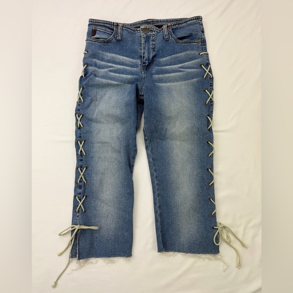 Vintage Y2K Mudd Lace Up Side Denim Capri Jeans Low Rise Raw Hem Mall McBling 2