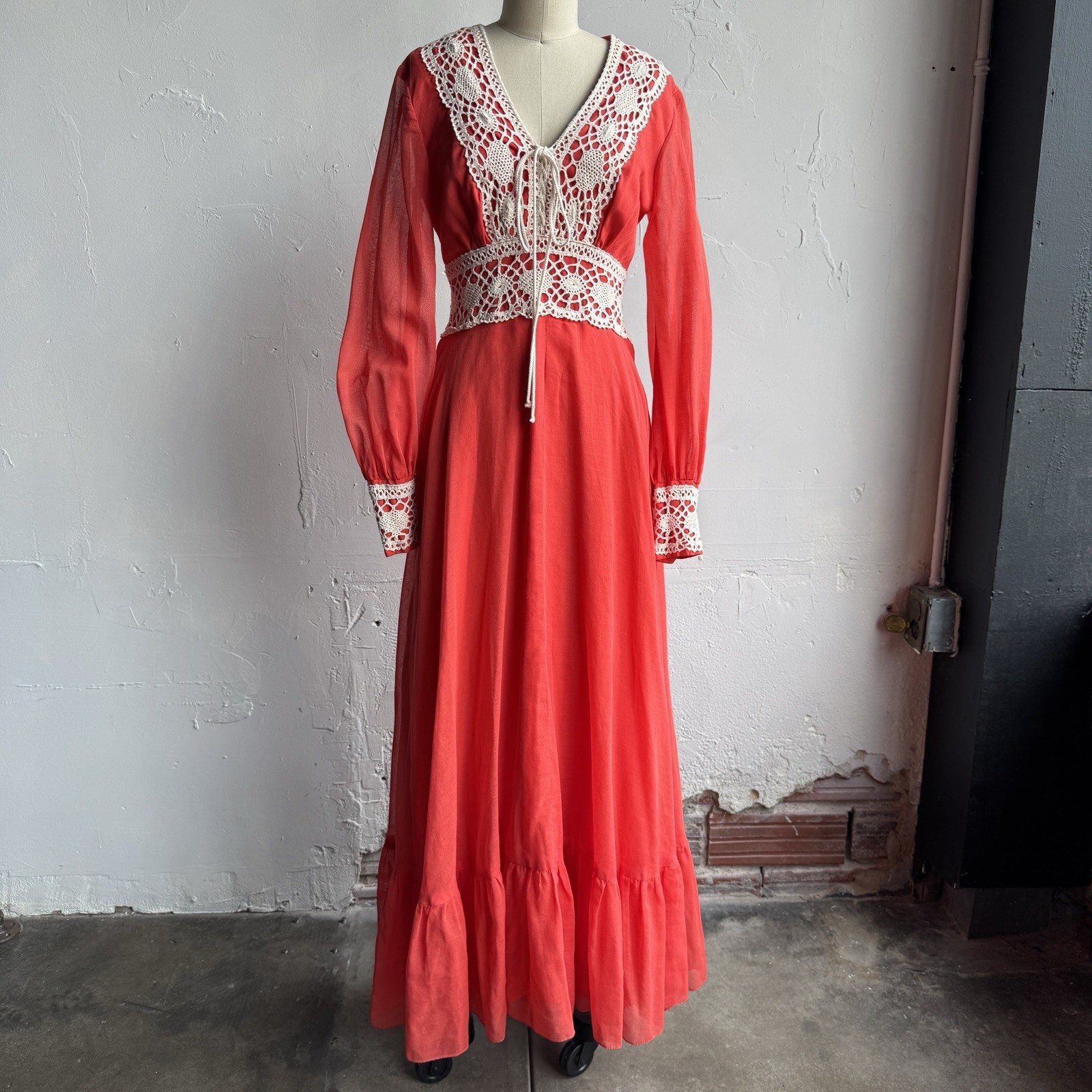 Vintage Cottagecore Corset Dress Vtg 70s Prairie Long Sleeve Maxi Size XS 26”