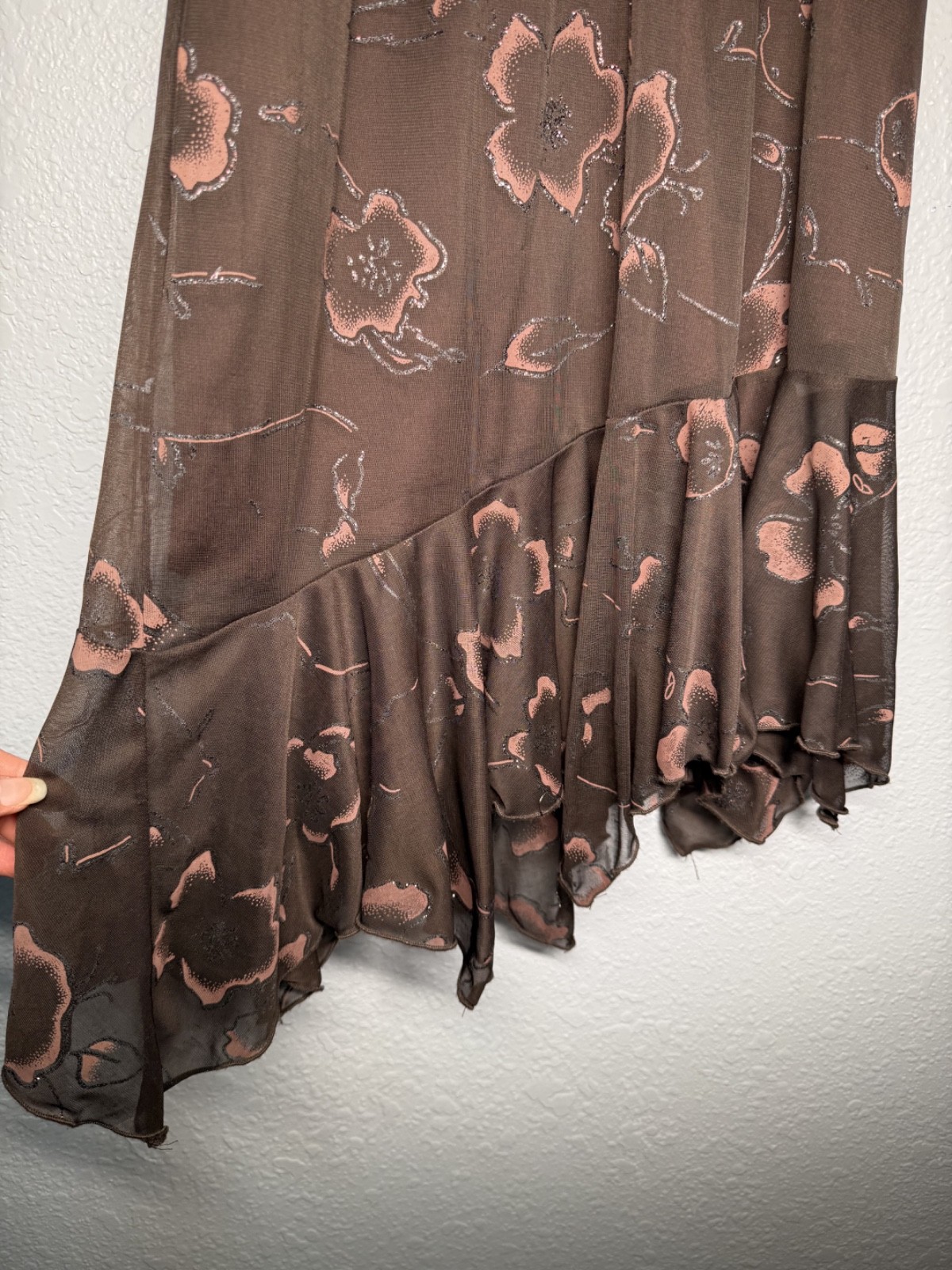 vintage 90s sparkle brown dress ruffle asymmetrical halter flow formal festival