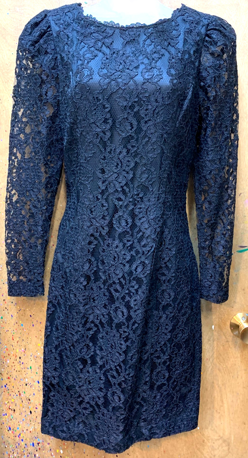 Vintage EXPO NITE Long Sleeve Black Lace Dress Lined Low Back LBD Women’s Size 8