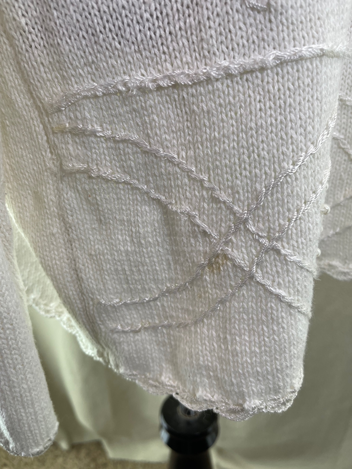 Bonnie and Bill Vintage Cream Scallop Edge Lace, Ribbon & Pearl Knit Sweater, 2X