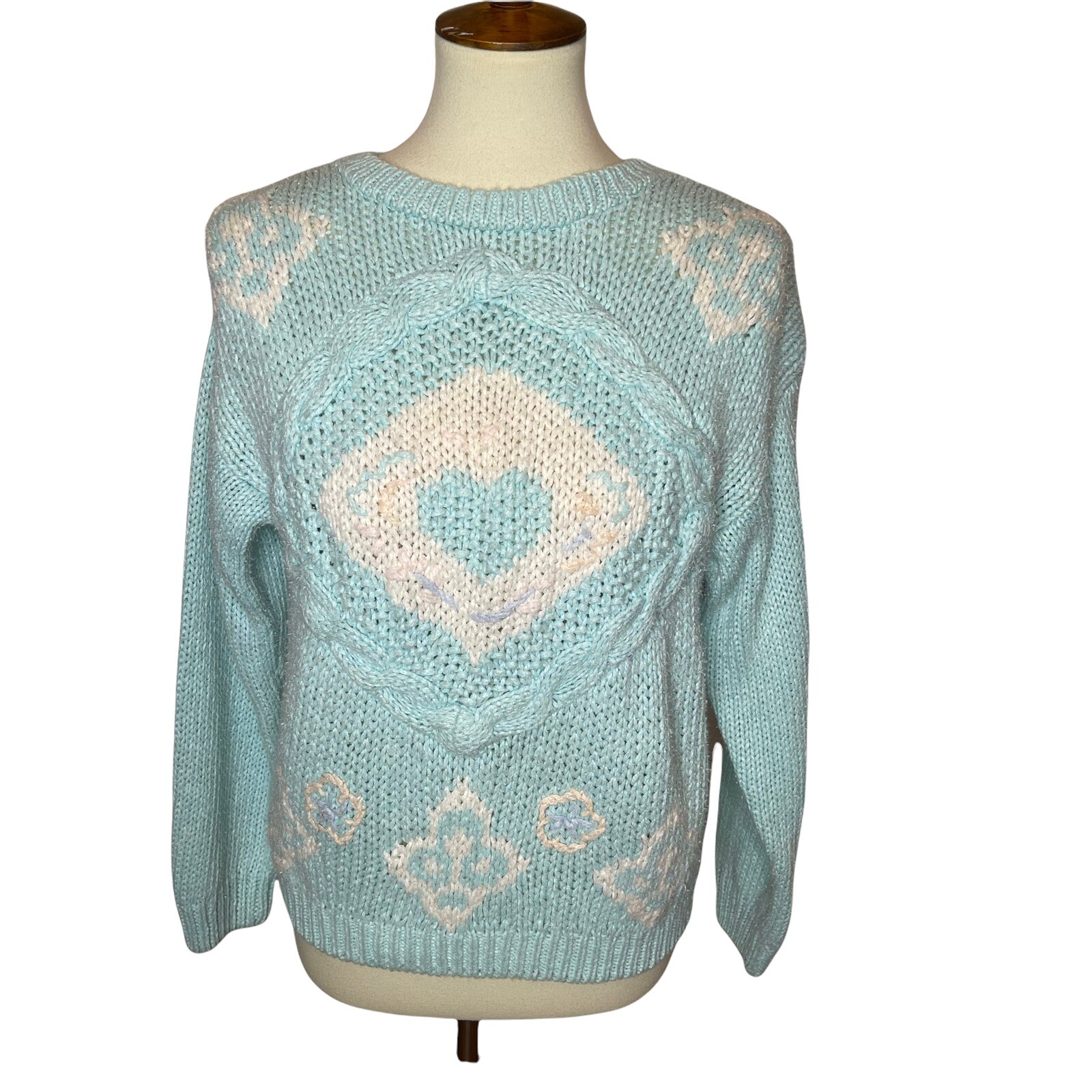 Vintage 80s Spice of Life Fairy Kei Kawaii Sweater Ramie Acrylic Sea Foam Blue M