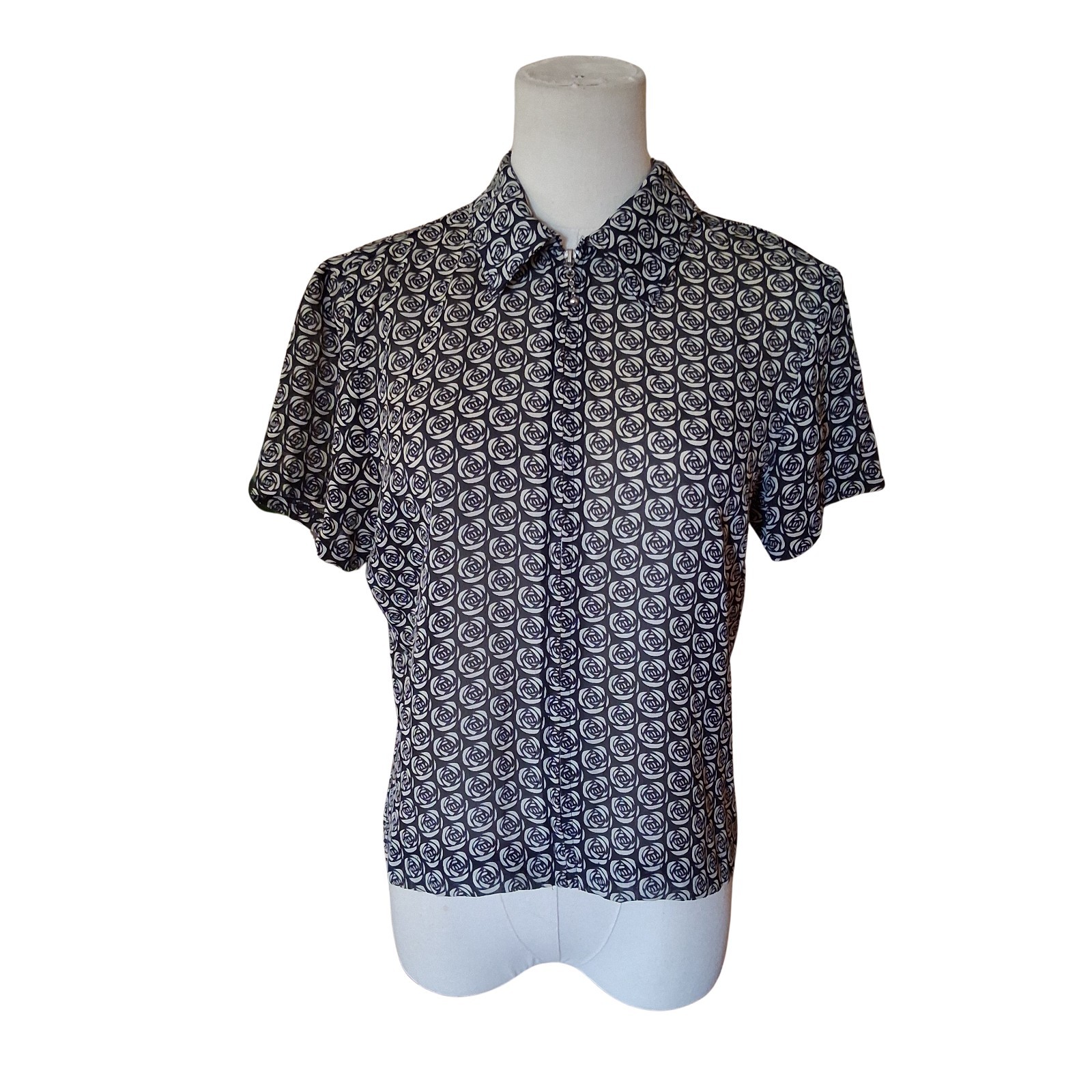 Vintage 1990s Rose Collared Quarter Zipper Graphic Sheer Short Sleeve Shirt