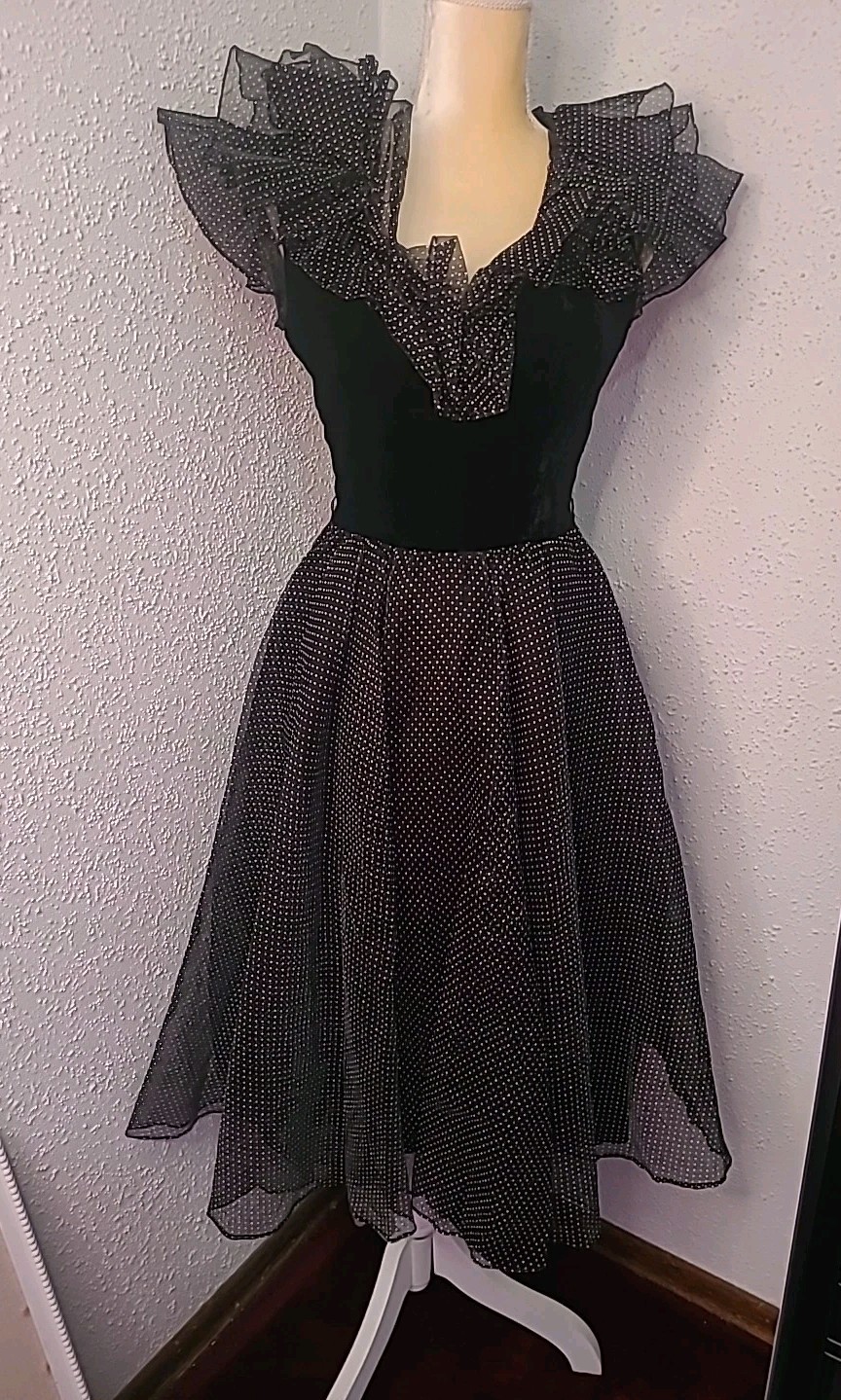 Vintage 50s 1950s Dress Black Polka Dot Tulle Party Prom Full Skirt Small 5/6