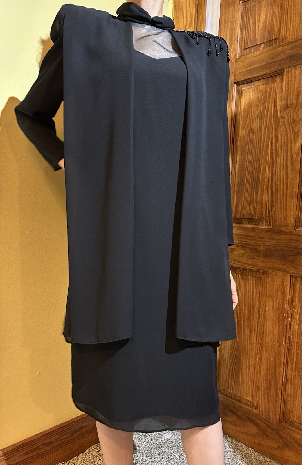 Vintage 80s Black Chiffon Dress With Capulet Beaded Shoulder Size 10 Goth Vampy
