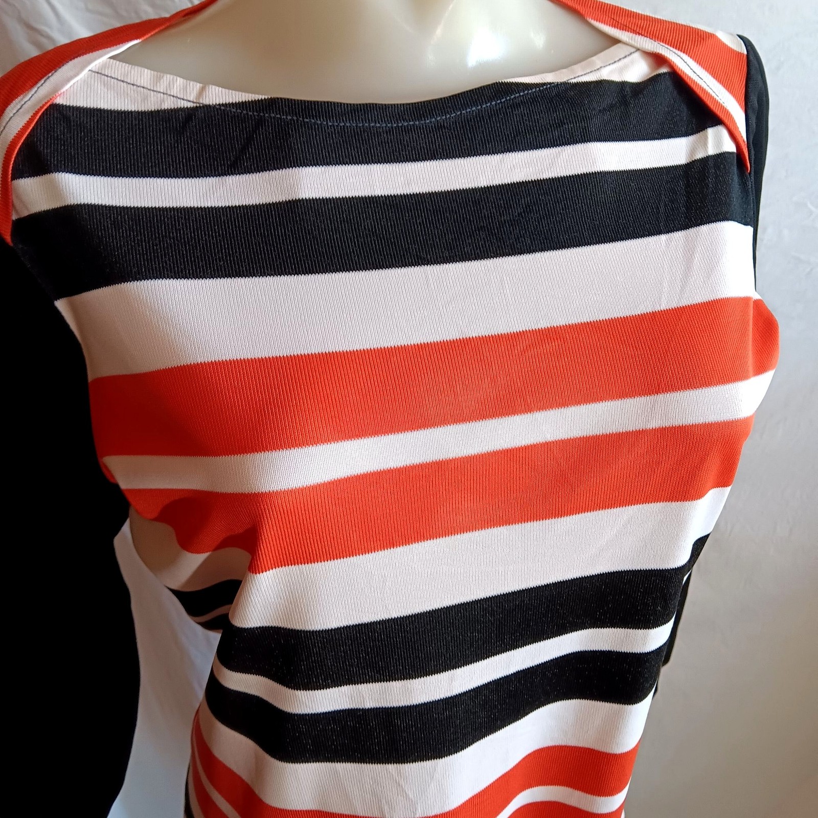 Medium True Vintage Top 1970’s Mod Blouse Striped Orange Black White Acetate