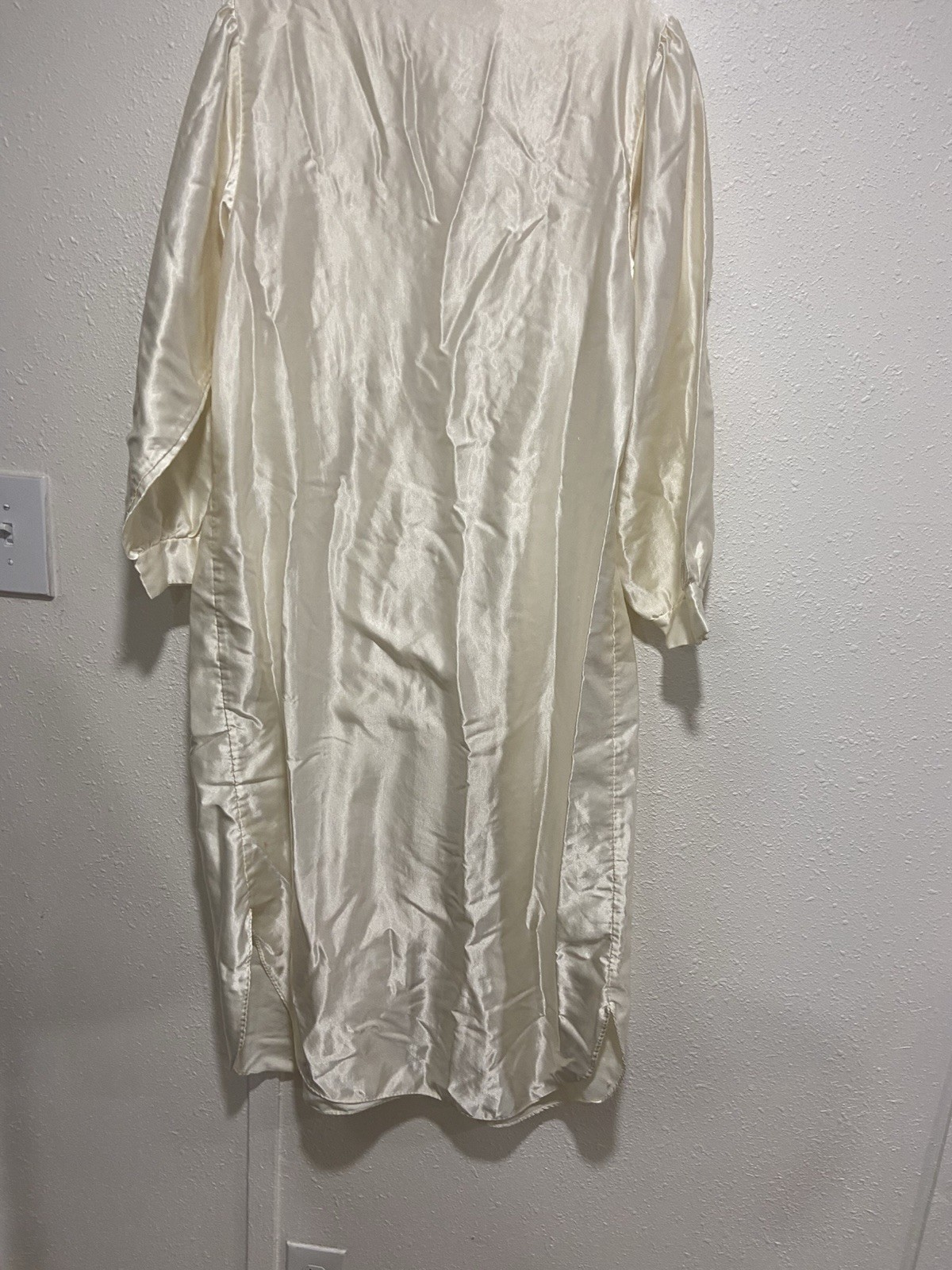 VTG Barbizon M Nightgown Ivory Long Silky Satin Lace Flannel Lined Embroidered