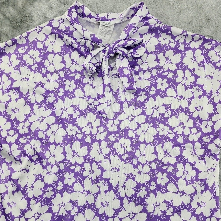 Vintage Adam Jay Fashions Top Womens M Purple White Floral Tie Neck Cap Sleeve