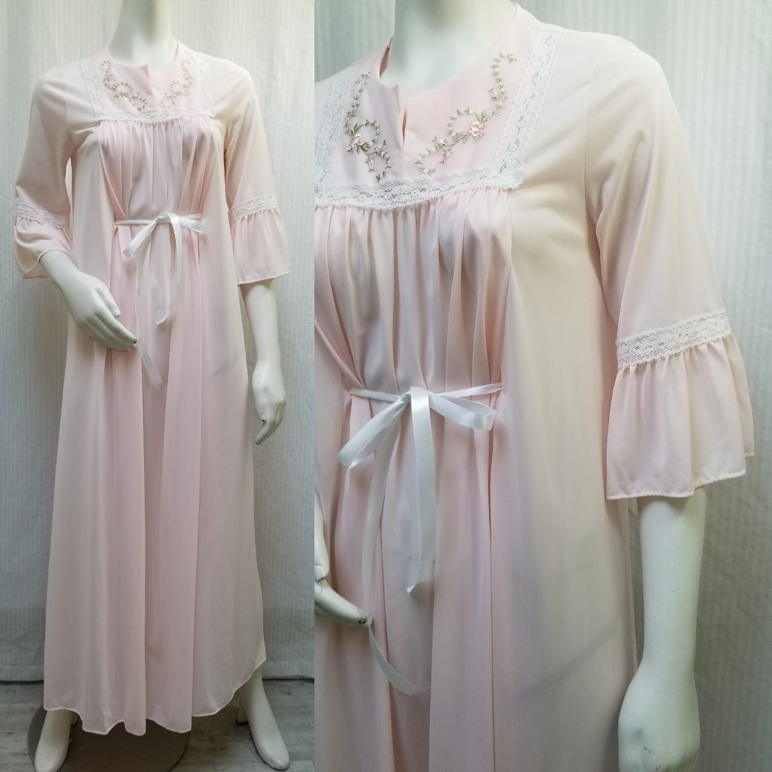 Vintage SHADOWLINE Pink Nylon Embroidered Floral Lace Long Nightgown – Size S