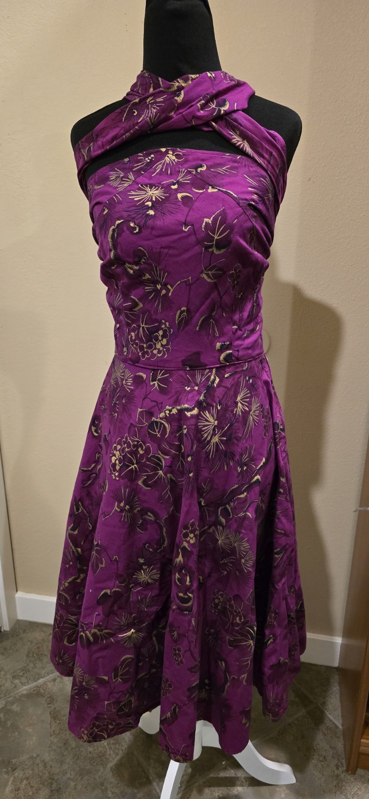 1950s Vintage Wrap Halter Top Hawaiian Purple Pinup Dress – Size Small