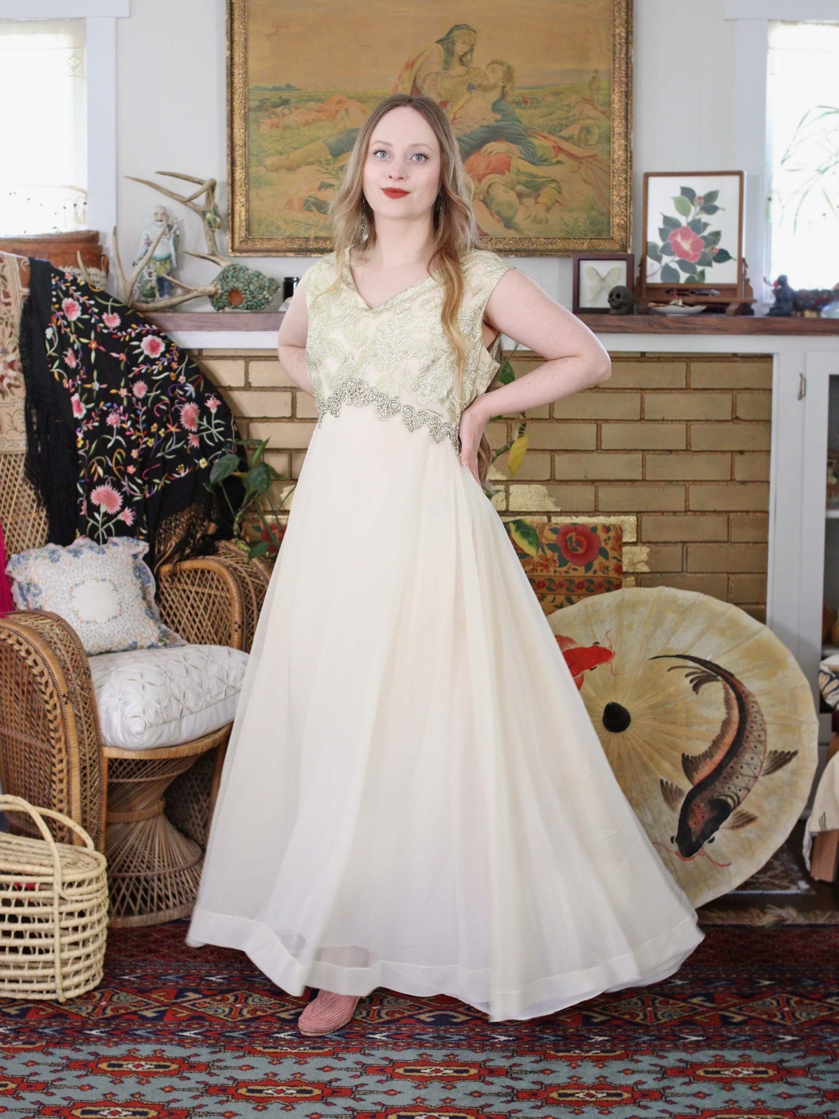 VTG 1960s Champagne Chiffon Metallic Gold Empire Waist Maxi Party Dress Grecian