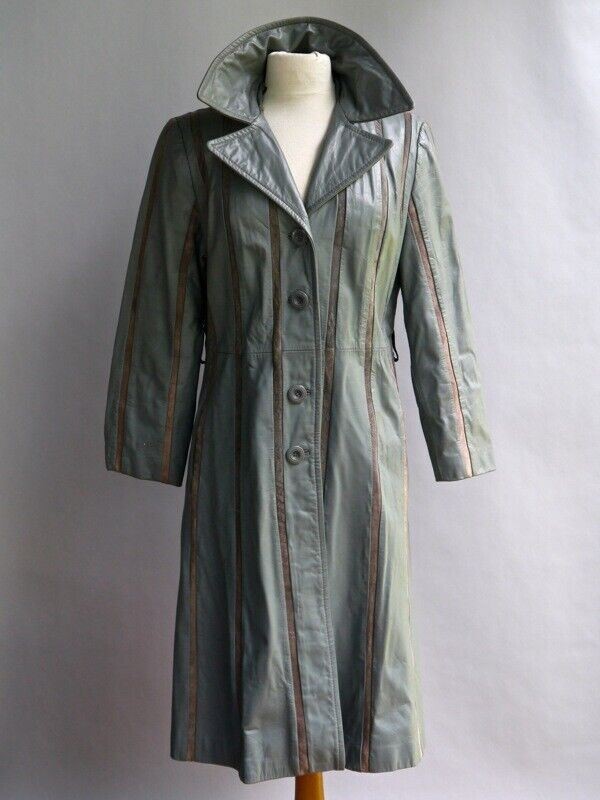 VTG 70s Grey Leather Coat American Hustle Striped w/ Suede Cutout The Tannery M