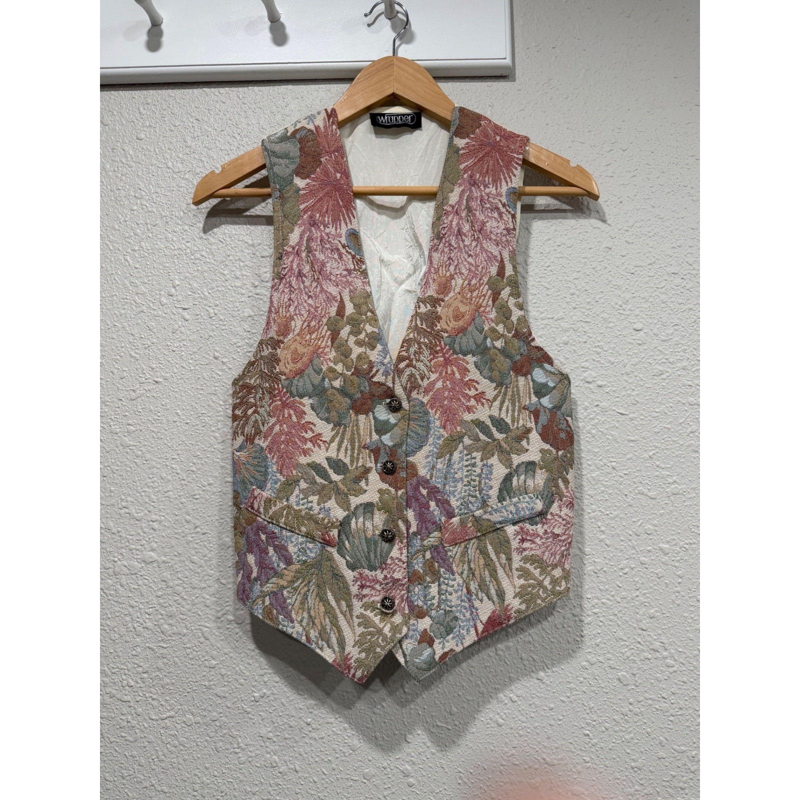 Vintage Wrapper USA Tapestry Vest Floral Woven Waistcoat Cottagecore Earthy 90s