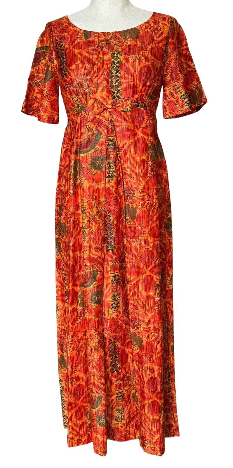 Vintage Hookano Hawaii Maxi Dress Bark Cloth Short Sleeves Orange Floral Size XS