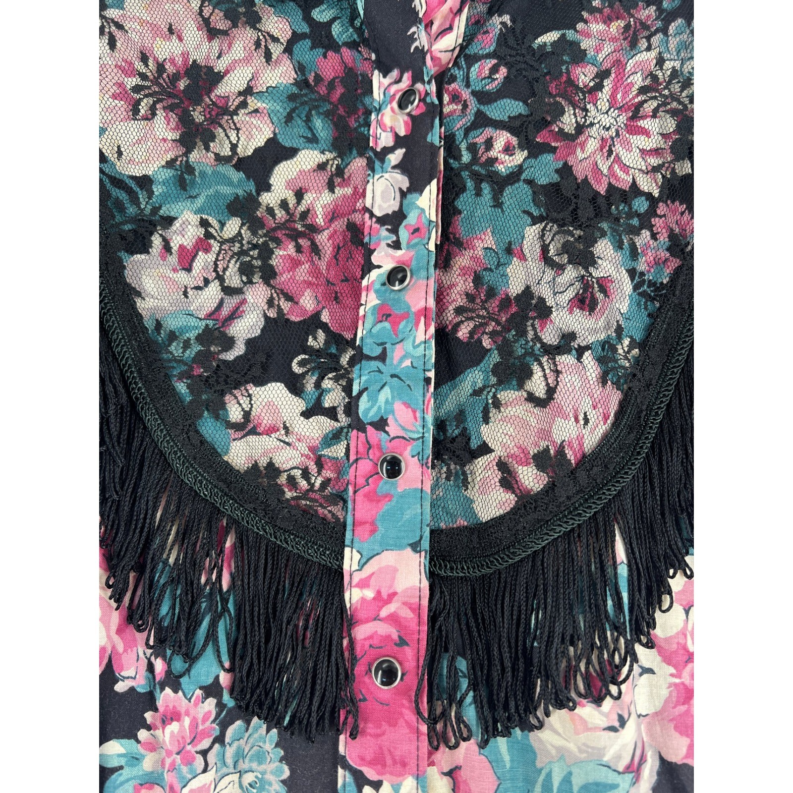Vintage Panhandle Slim Floral Western Maxi Dress Fringe Pearl Snap Prairiecore