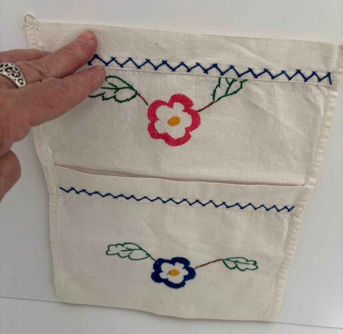 Vtg Pink Blue Embroidered Floral Hanky Hosiery LINGERIE CASE Cotton WALL POCKET