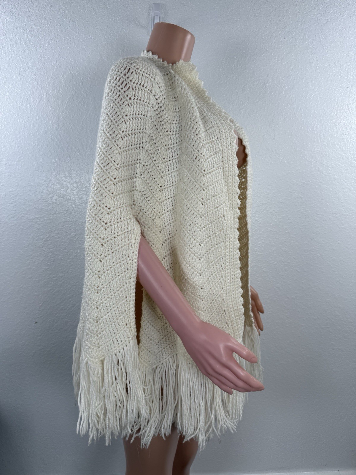 70s Vintage Crochet Off White Poncho Shawl Handmade Knit Wrap Boho Crocheted