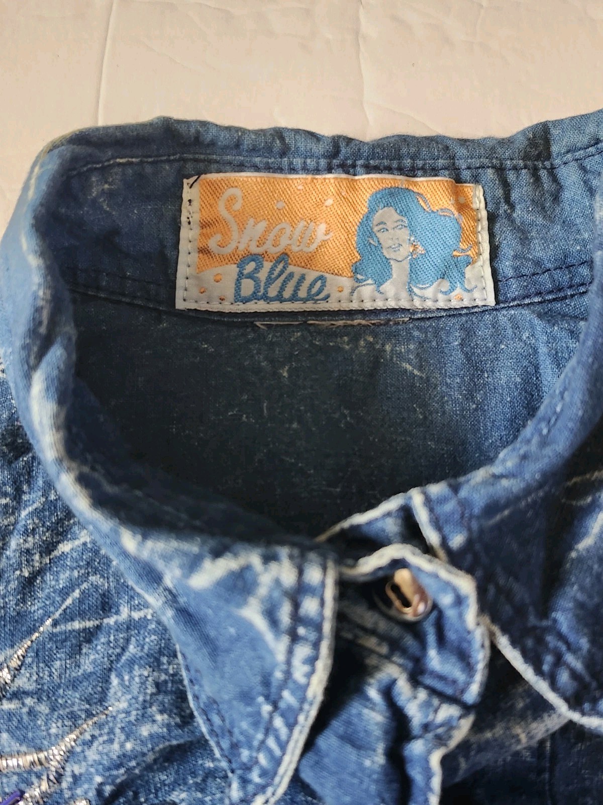 Vintage 80s Skirt and Top Denim Set Western Style w/ Multicolored Beads Snow Blu