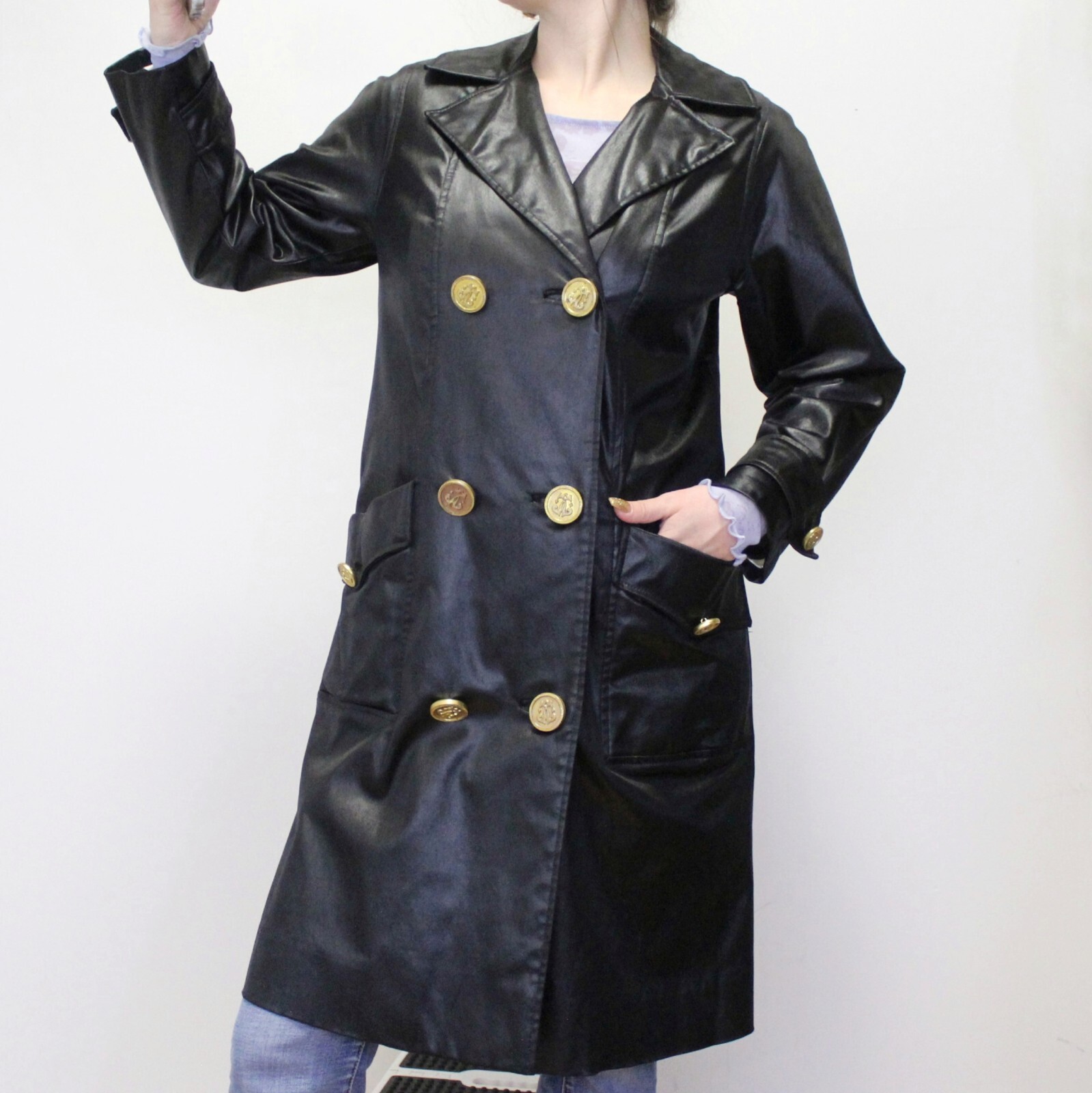 Vintage 60s Gothic Mod Black Satin Trench Coat by Count Romi Double Breasted