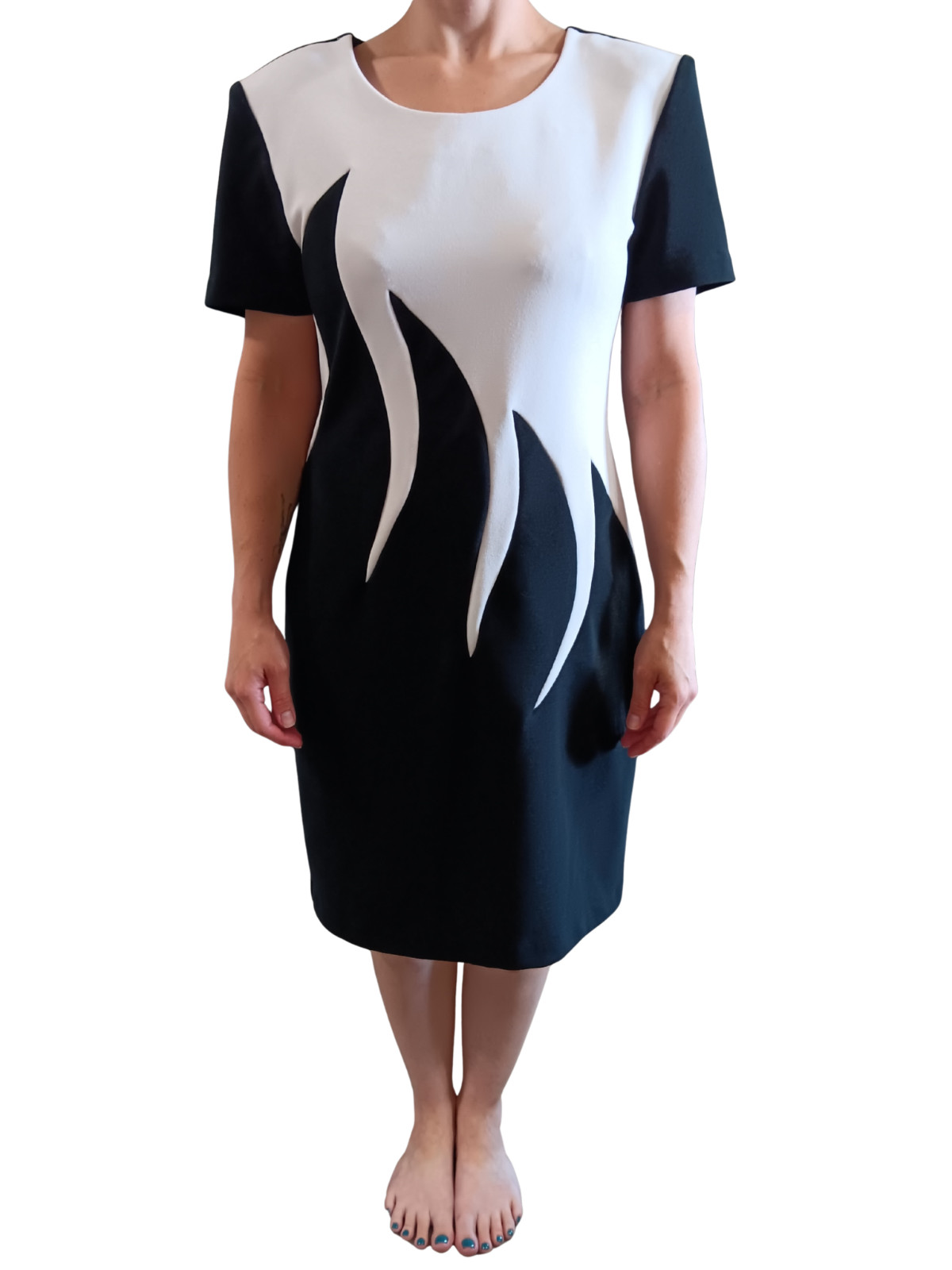 Vintage Joseph Ribkoff Sheath Dress Black White Flame Design Union Made 80s 90s
