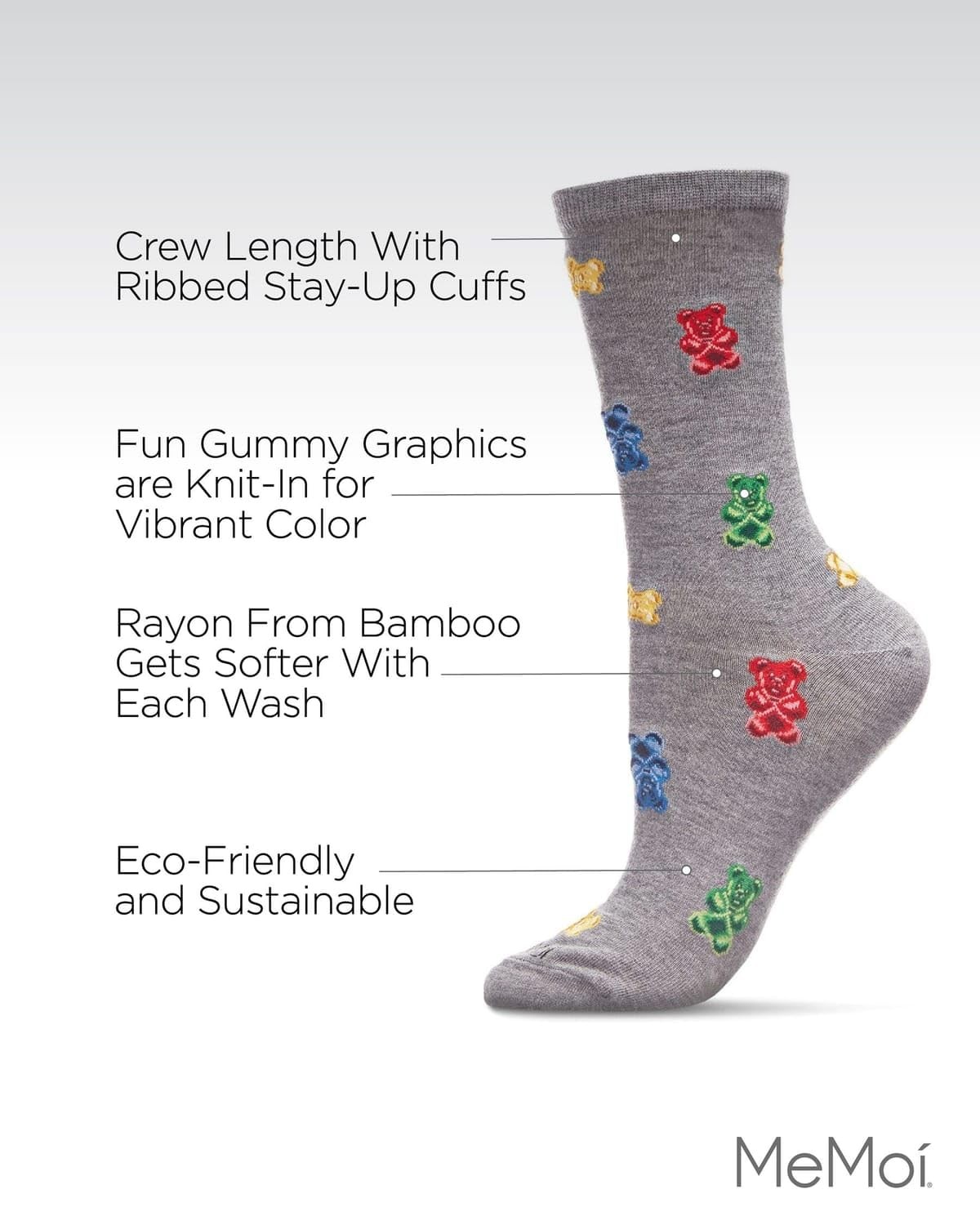 MeMoi Women’s Gummy Bears Rayon Blend Novelty Crew 9-11, Med Gray Heather