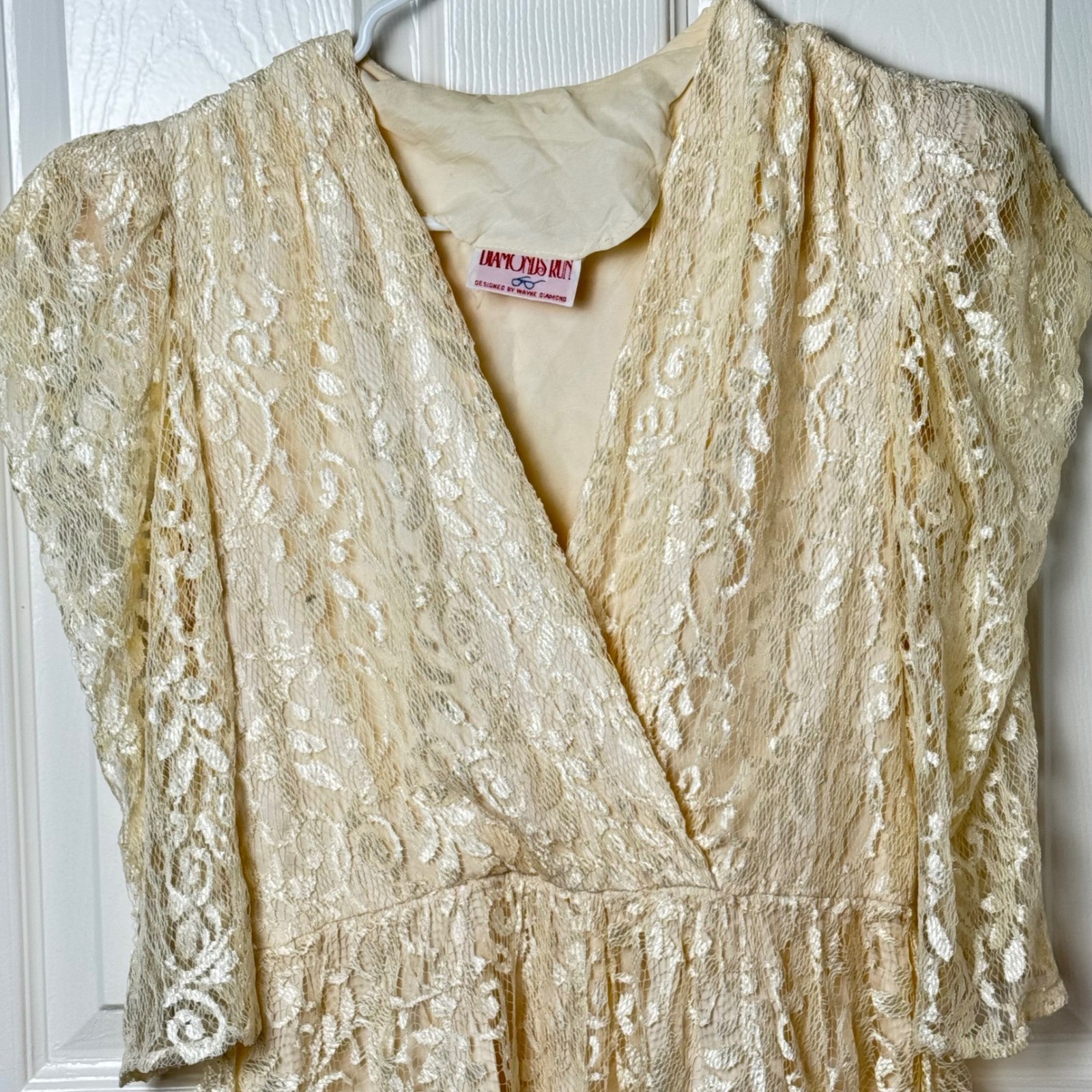 Diamonds Run Dress Women S Cream Lace Draped V-Neck Vintage 80s