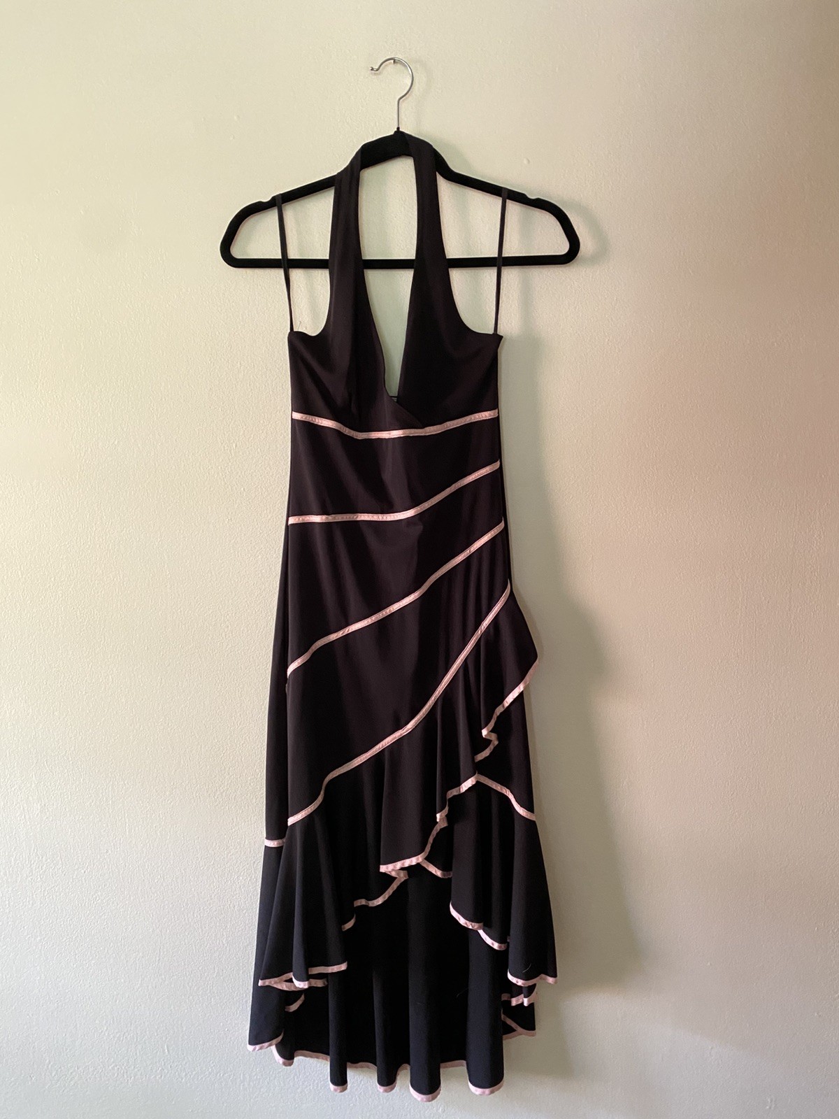 VTG 1990s Finesse Black & Pink Ribbon Halter Asymmetric Fairy Dress M