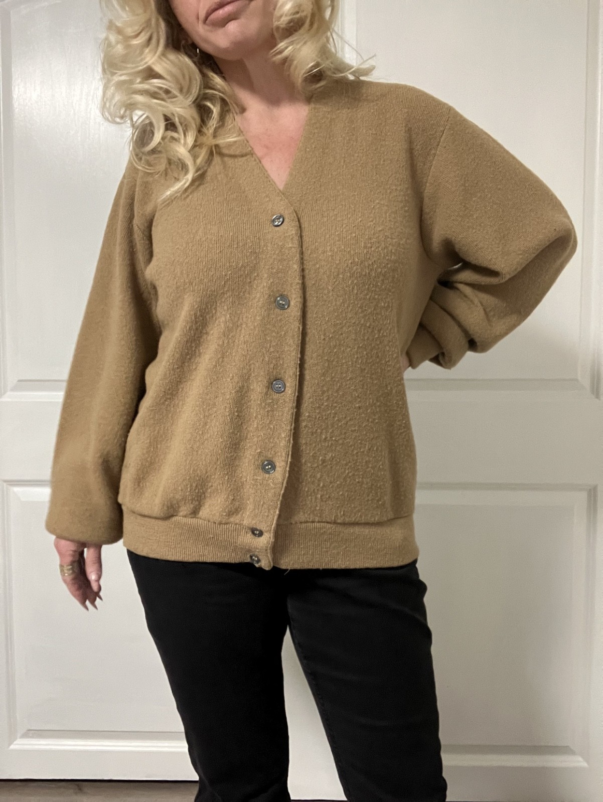ILGWU Cardigan Wool Blend Sweater Camel Grandpa Style USA Made