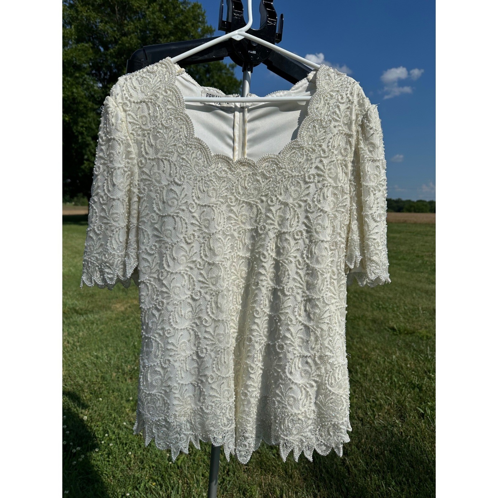 Brilliante by JA Vintage Beaded Sequin Lace Top Ivory Pearl Bridal Evening Sz L