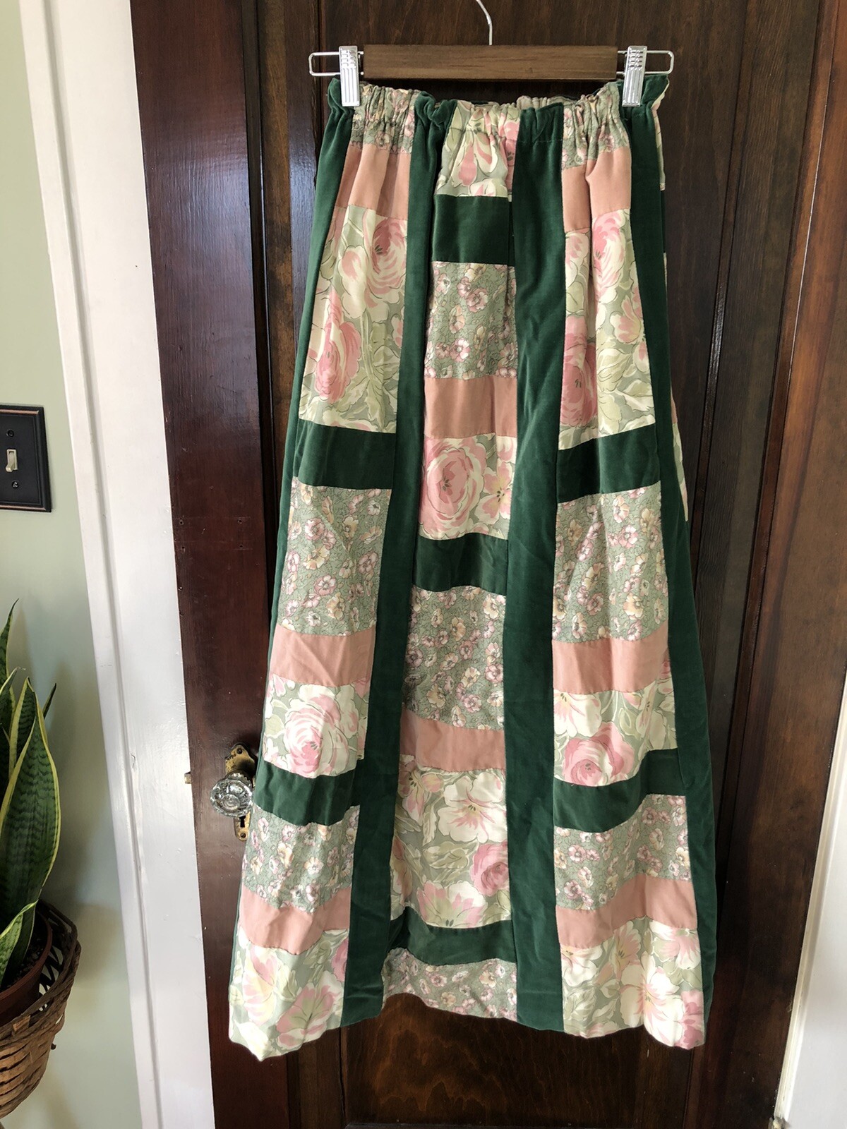 Vintage 60s Mr Hank velvet patchwork maxi skirt Size Small green & pink roses