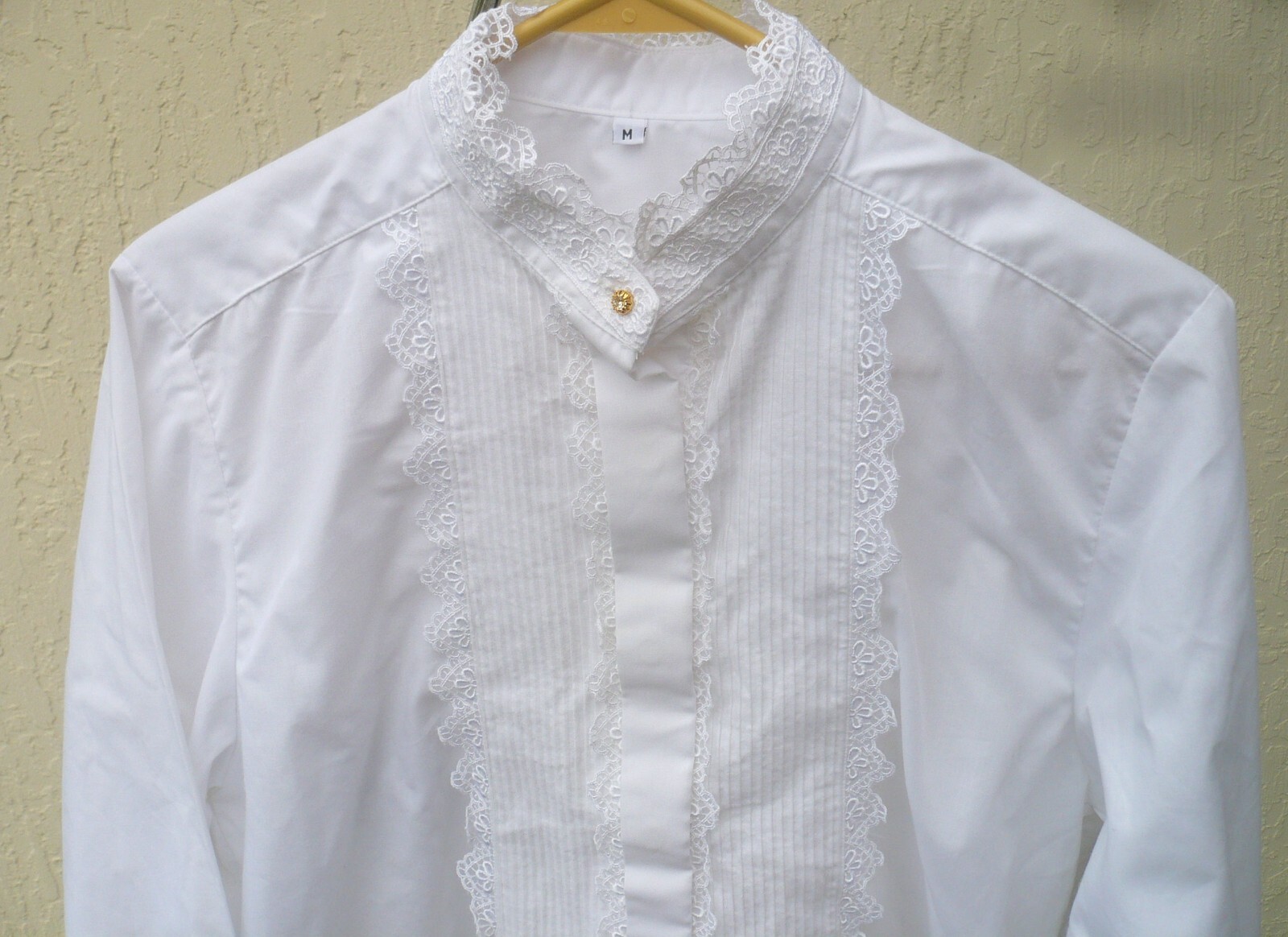 VTG 80 SOLID WHITE BLOUSE PINTUCK LACE S M BUTTON SHIRT POLY ALGODON COTTON LADY