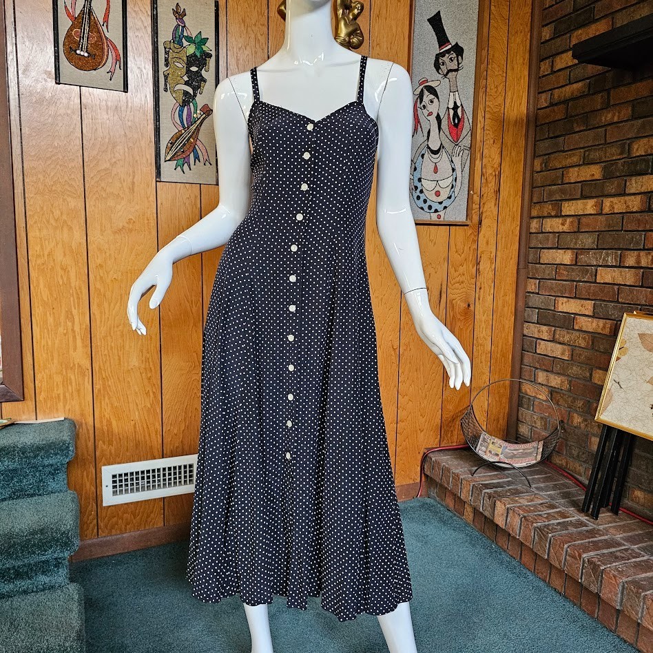 Vtg 80s Preppy Grunge Punk Strappy Polka Dot Uptown Girl Midi Swing Dress S/M