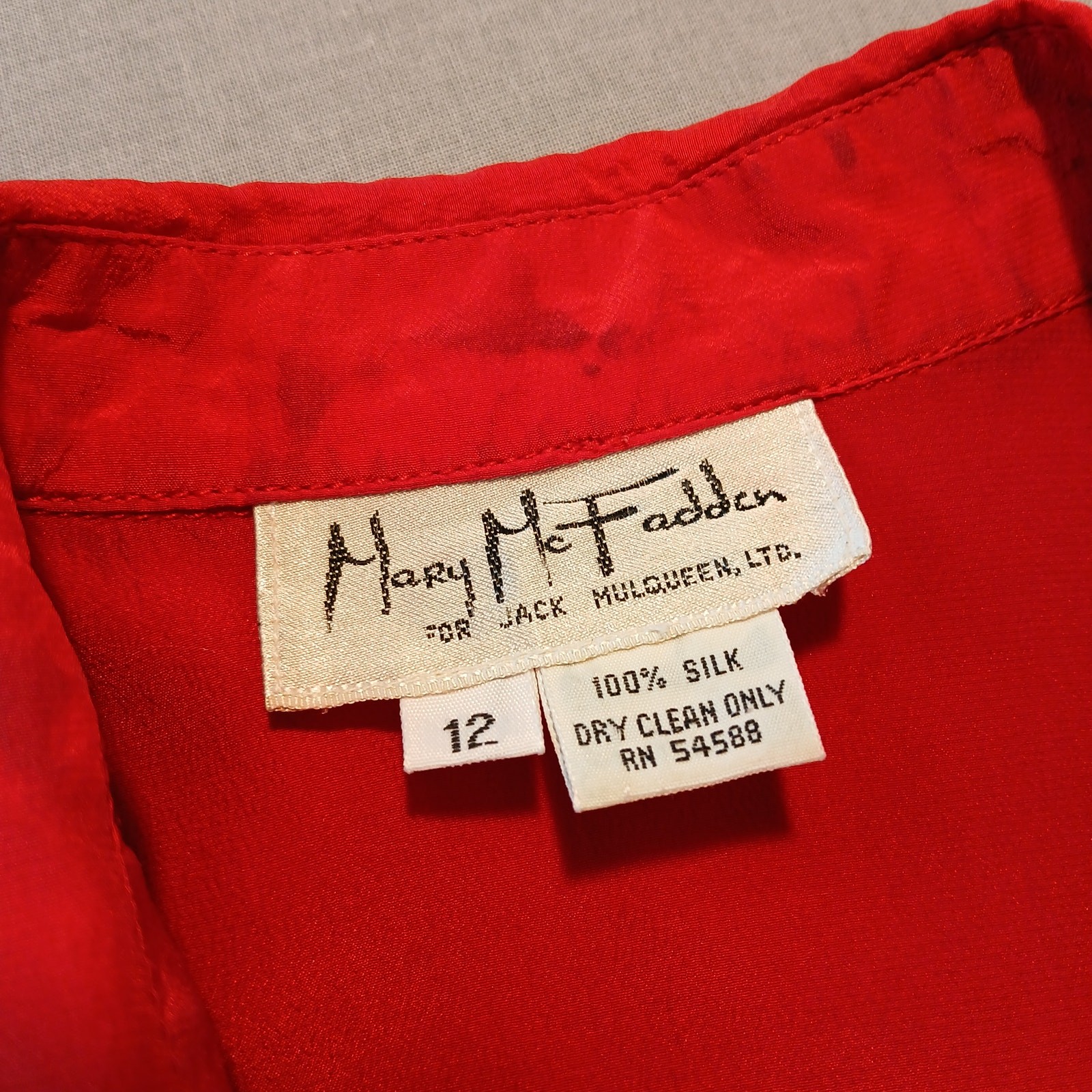 Mary McFadden Vintage 80s Red Silk Blouse 12 stains long sleeve collared buttons