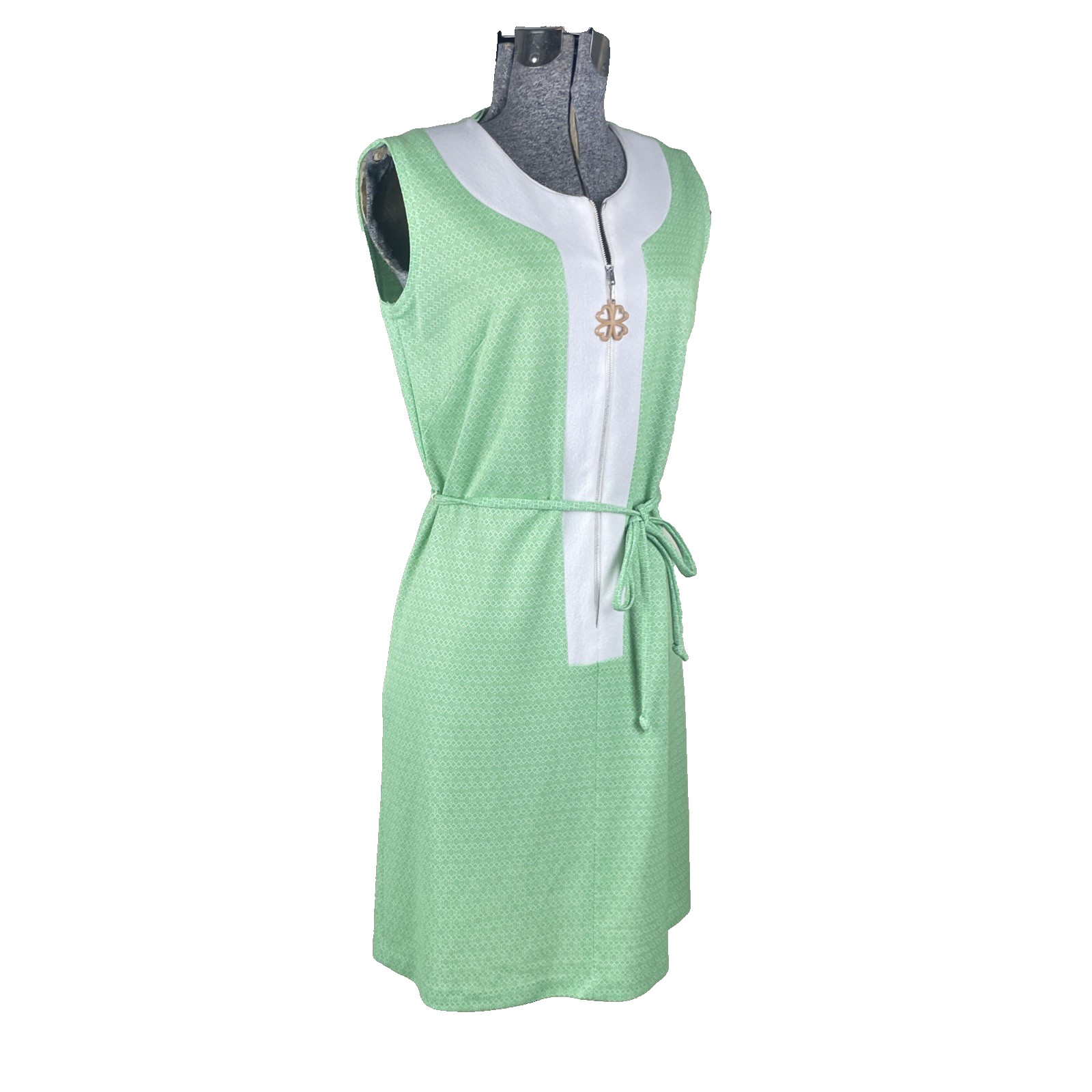 Vintage 70s Mod Shift Dress Size Small Green Geometric Print Belted Half Zip
