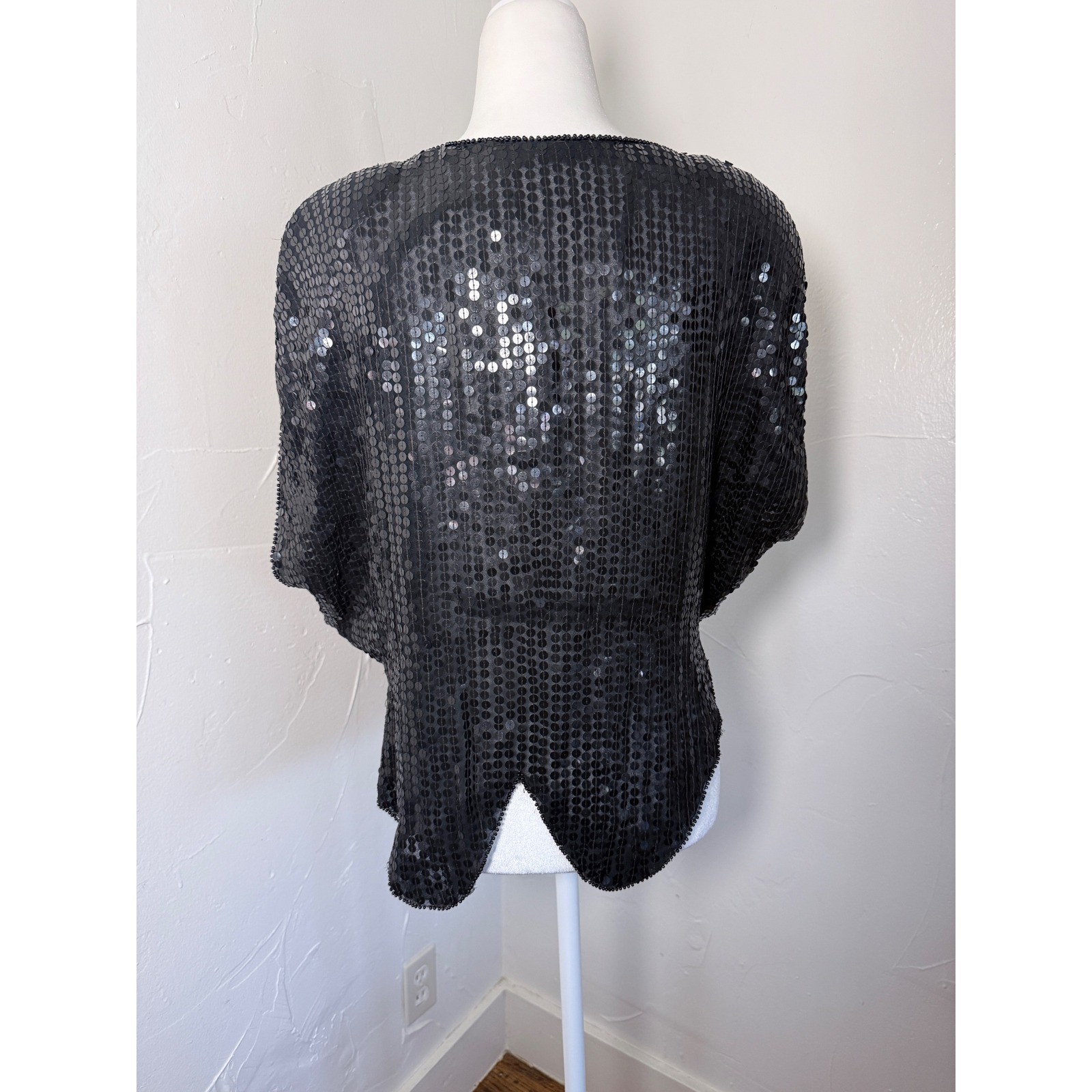 Vintage 80s Black Sequin Top Blue Floral Beaded Dolman Scallop Hem Party
