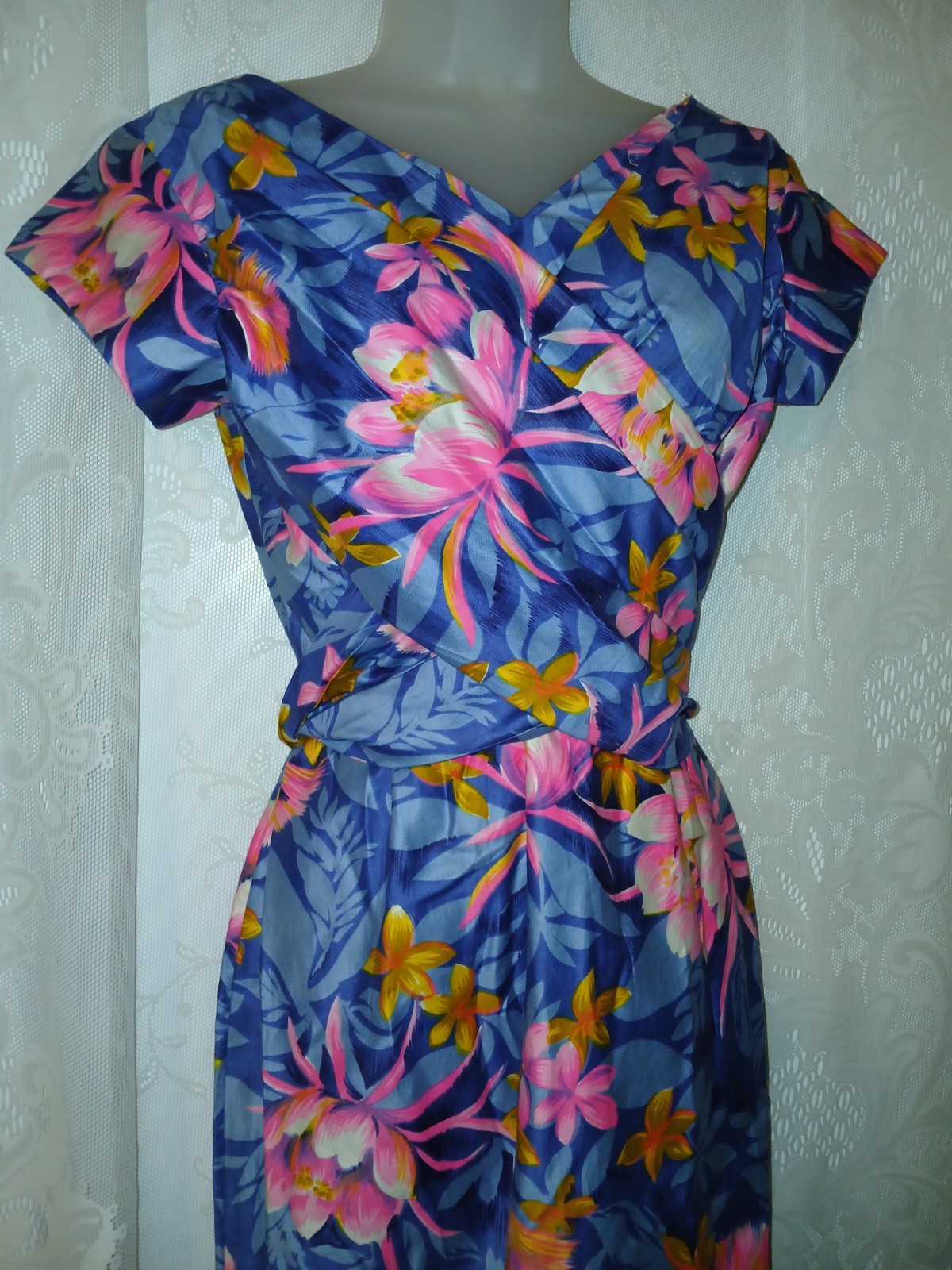 Vintage 60s Hawaiian Pink Lotus Floral Blue Polished Cotton Maxi Dress S Tiki O