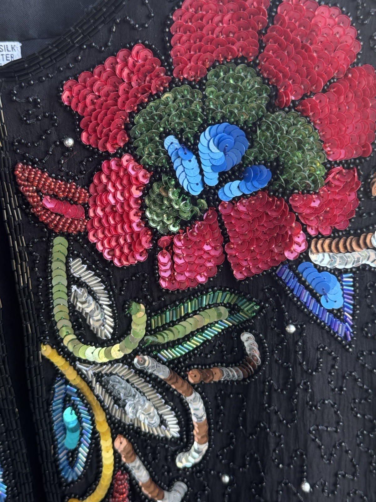 Vintage SWEELO Pure Silk Hand Beaded Sequin Black Evening Jacket Women’s S/M