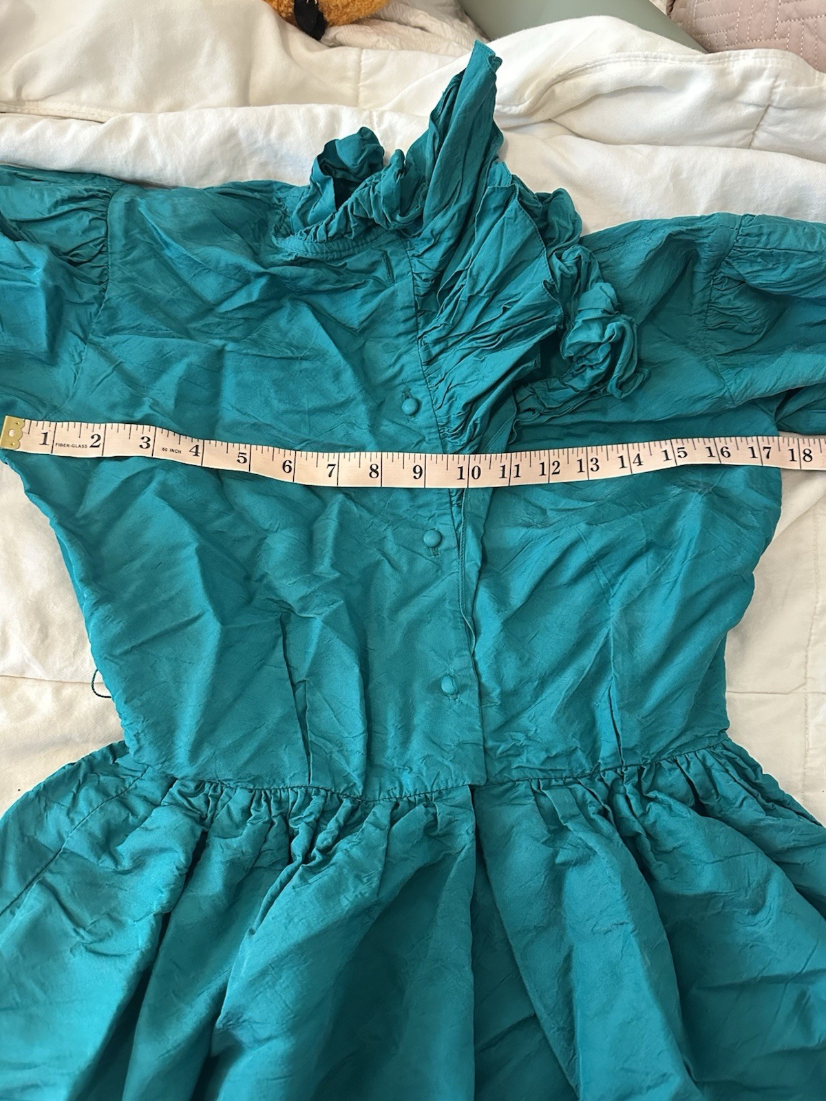 VTG 50s William Pearson Retro Midi Dress Ruffle Collar High Neck Emerald Green S