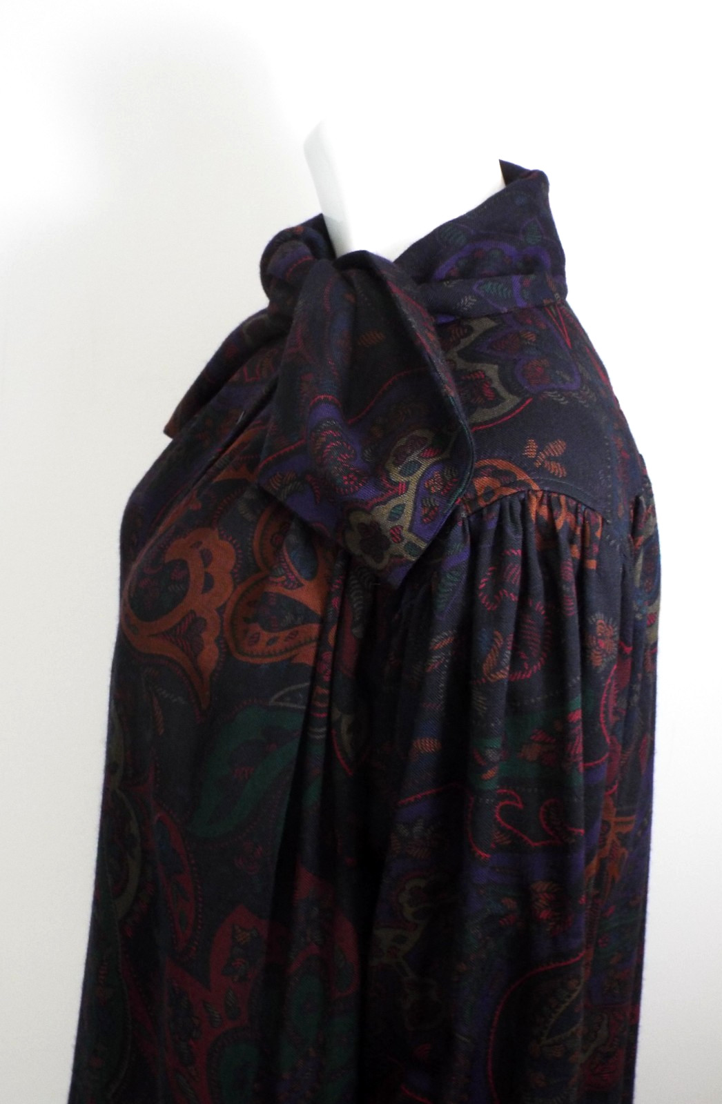 Vintage 1980s KENZO Paisley Wool Dress French Cuffs Pussybow Pockets Sakowitz