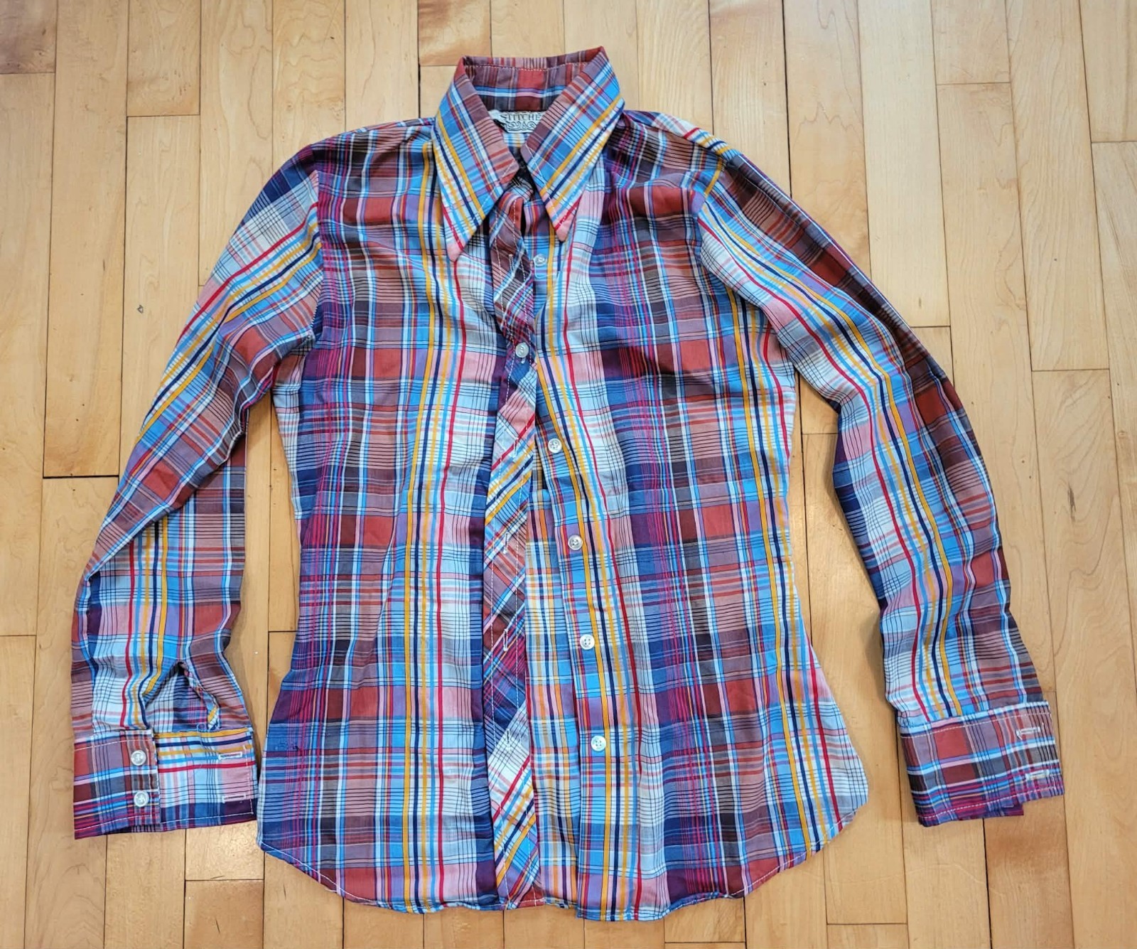 Vintage 70s Blue Red Plaid Button Down Collared Blouse Shirt by Stitches Sz S
