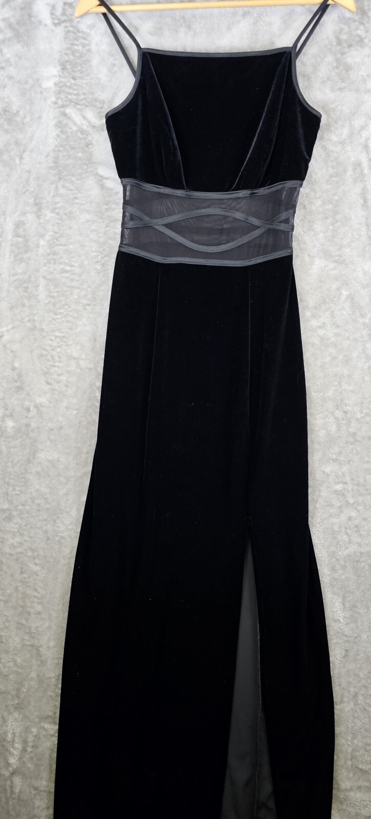 90s Y2K Vintage Bari-Jay Formal Dress Size 6 Maxi Black Velvet Slit Mesh Waist