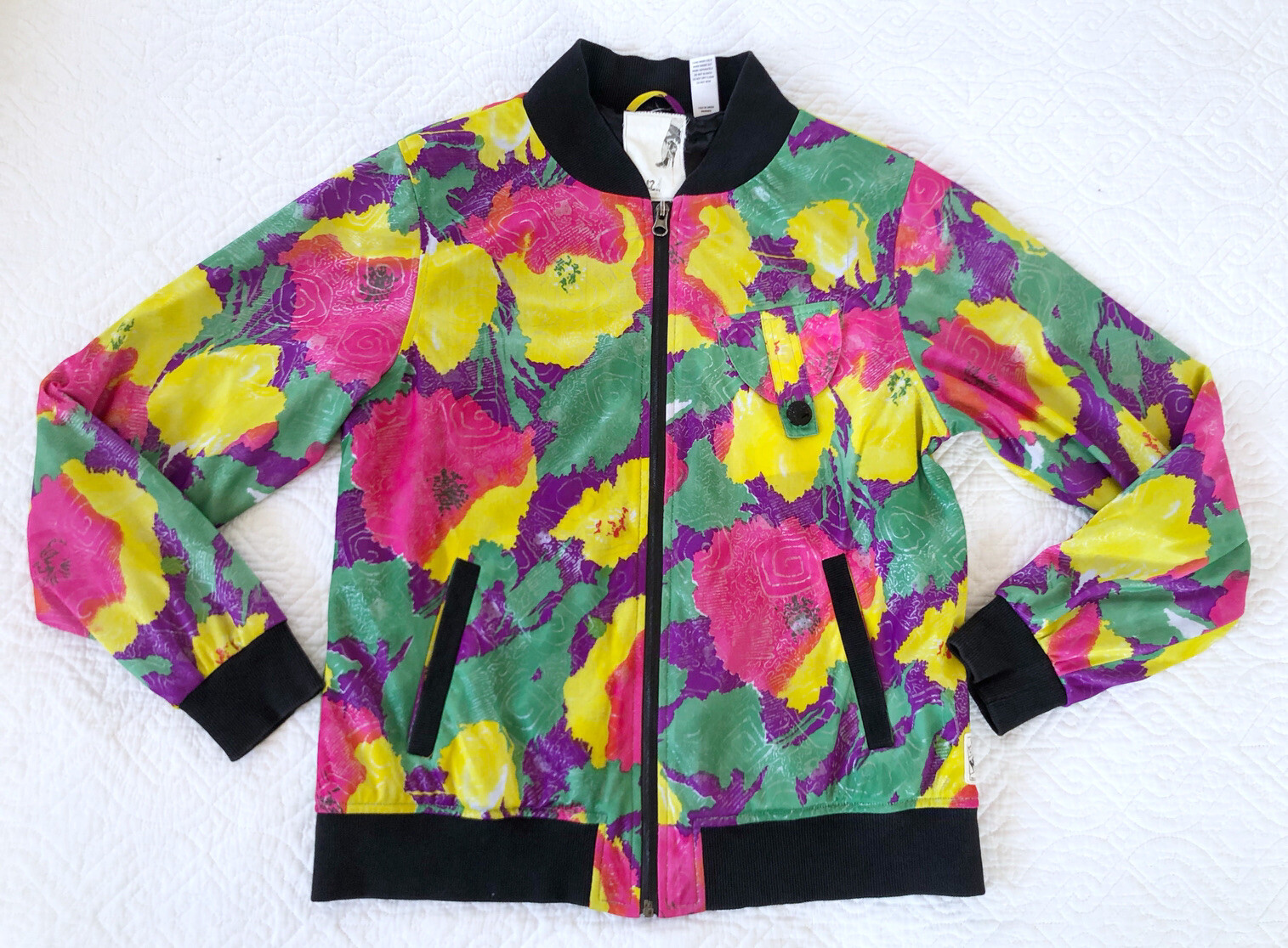 Vintage Hellz Bellz 80s 90s Sz L Pink Purple Green Floral Zip Up Bomber Jacket