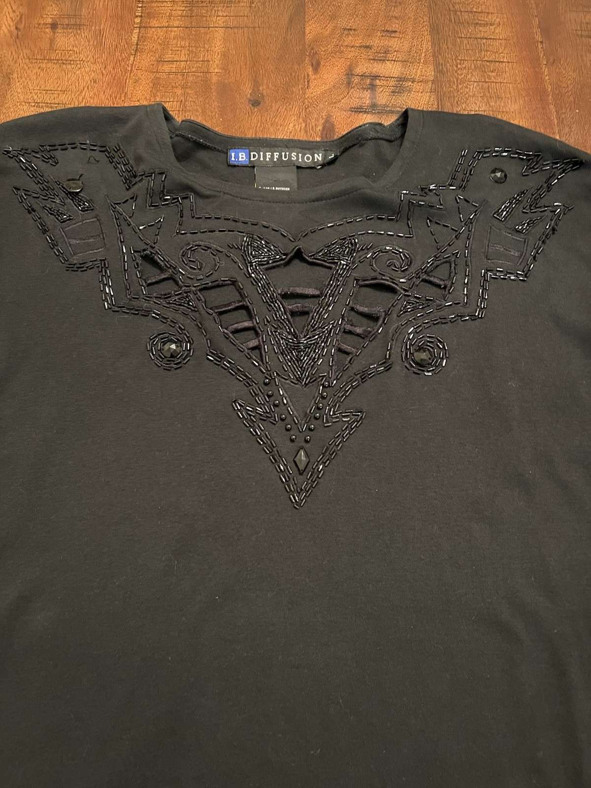 Vintage 80’s I.B Diffusion Black Beaded Long Sleeve Cotton Top Women’s L