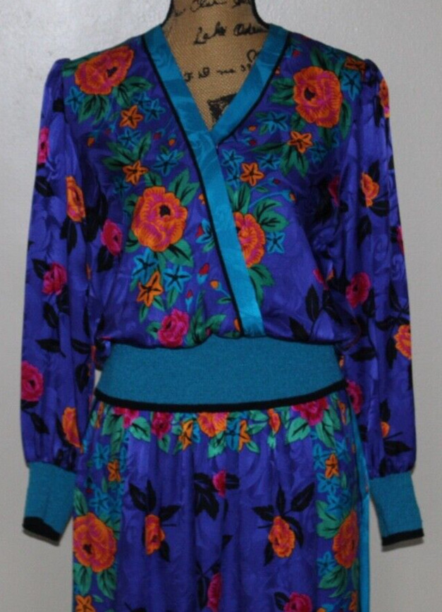 Vintage Lauren Alexandra 2 Piece Silk Floral Midi Skirt Blouse Set Women’s S